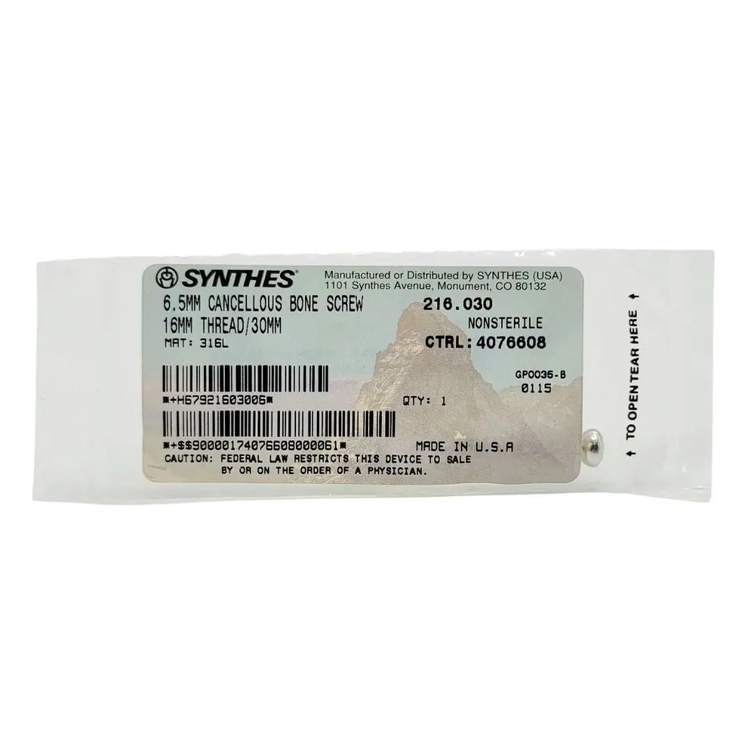 Synthes 216.030 6.5mm Cancellous Bone Screw 16mm Thread/30mm