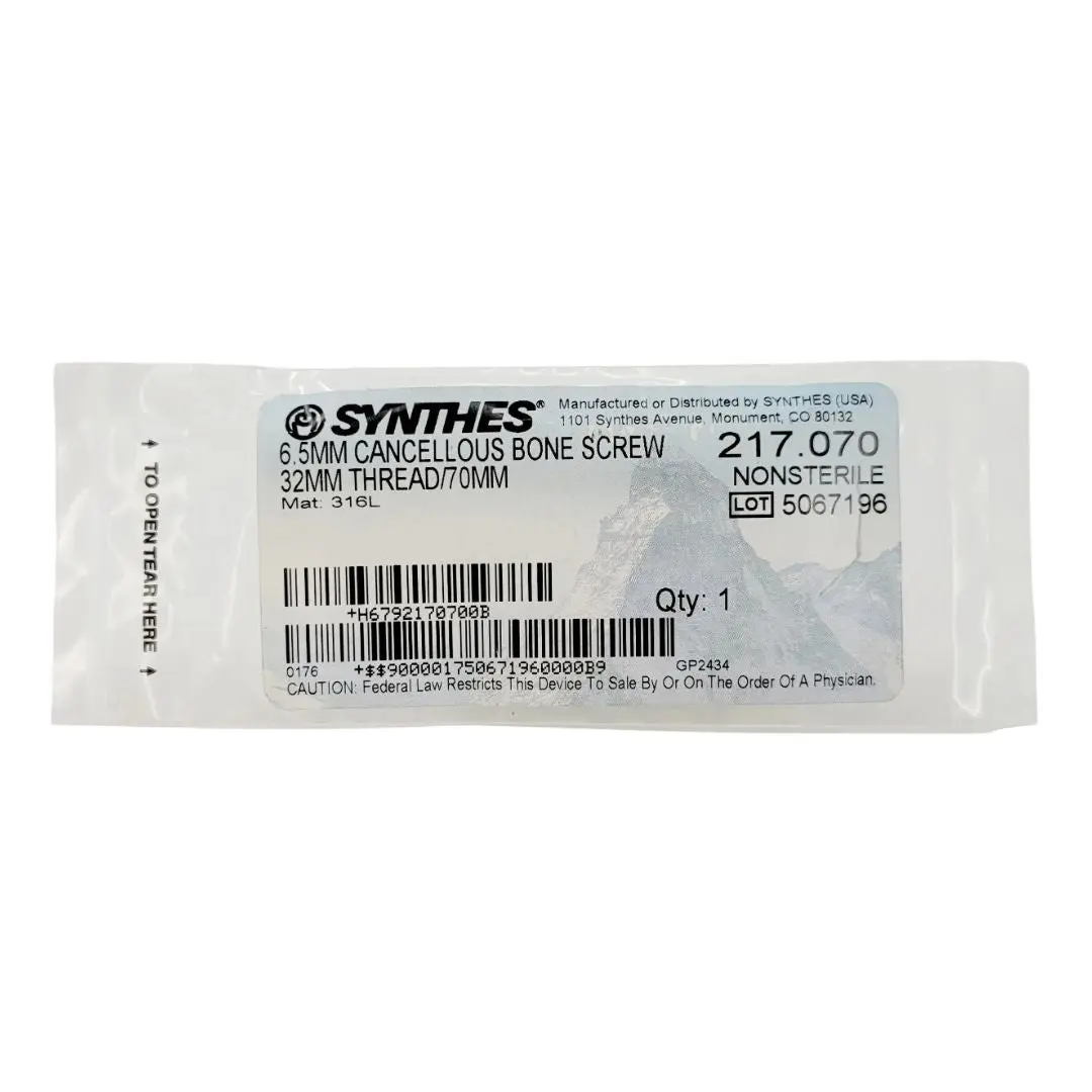 Synthes 217.070 6.5mm Cancellous Bone Screw 32mm Thread/70mm