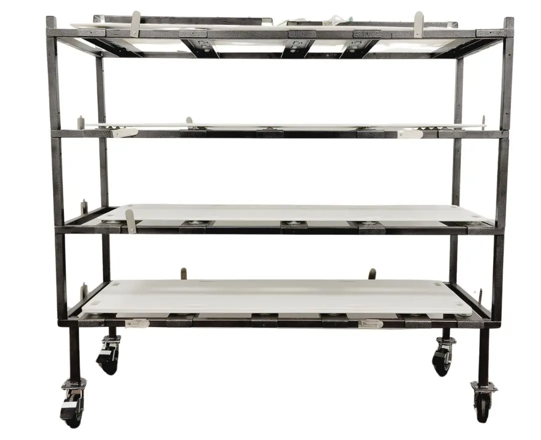 4 Tier 1174-X Multi-Directional Loading Mortuary Roller Rack w/ Transfer Boards