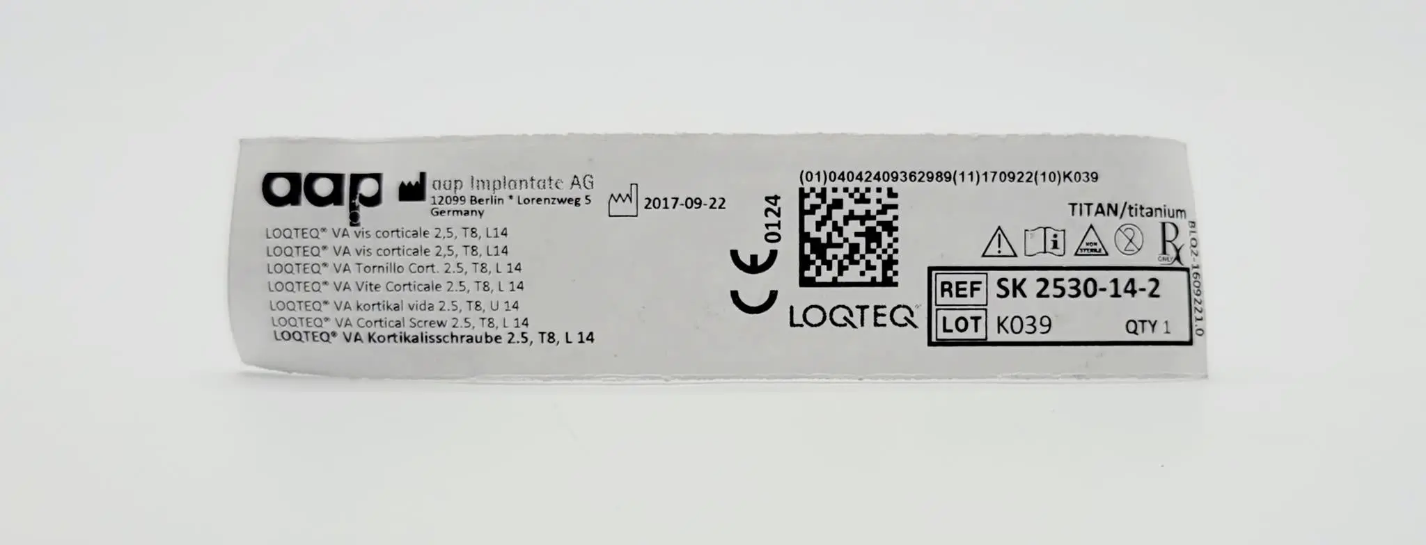 aap Implantate AG SK 2530-14-2 LOQTEQ VA Cortical Screw 2.5, T8, L 14 Titanium - Image 2