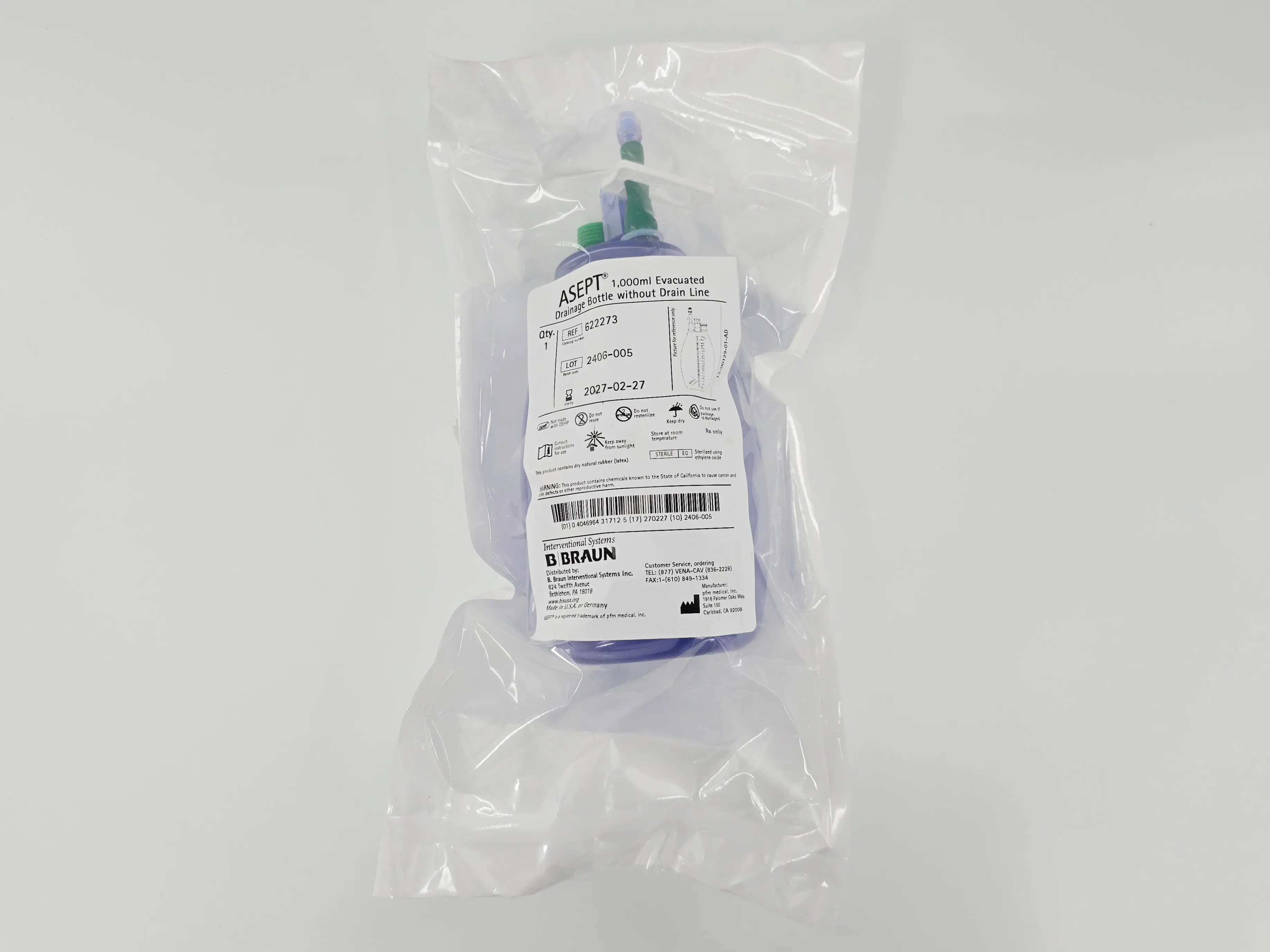 B Braun 622273 ASEPT 1,000mL Evacuated Drainage Bottle without Drain Line 10/CS - Image 2