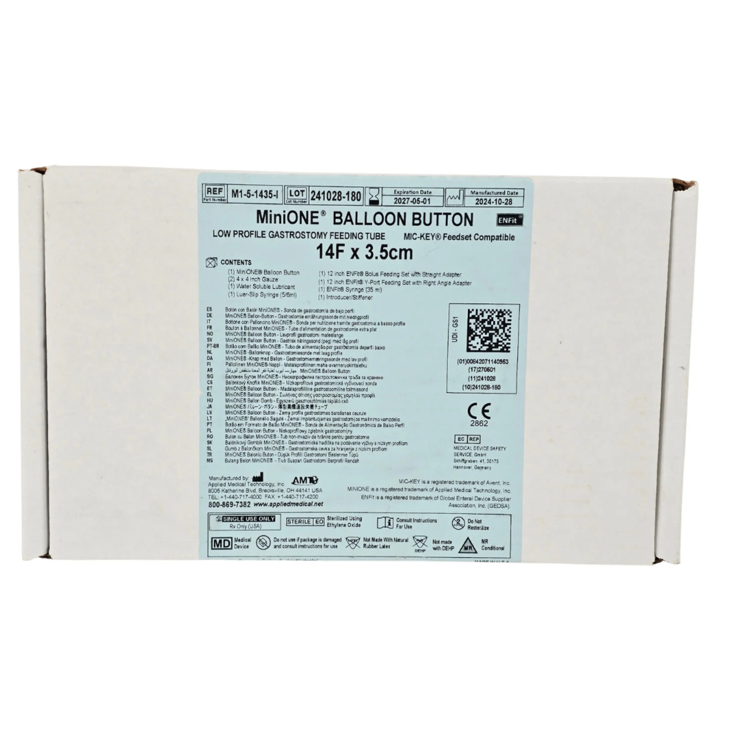 Applied Medical Technology M1-5-1435-I MiniONE Low Profile Balloon Button Gastrostomy Tube Kit 14 Fr 3.5cm ENFit – New