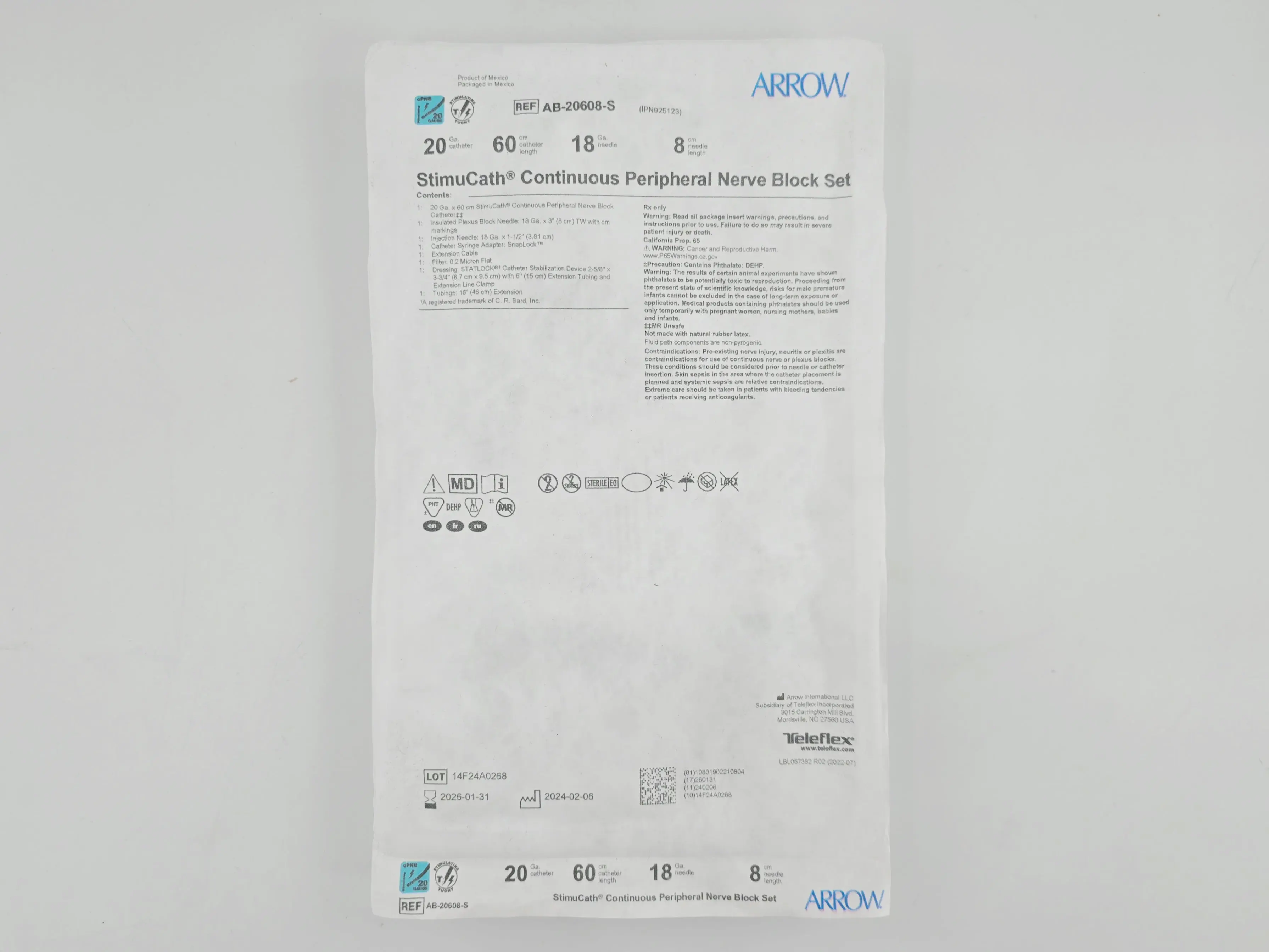 Arrow AB-20608-S StimuCath Continuous Peripheral Nerve Block Set 20Ga.x60cm 18Ga.x8cm - Image 2