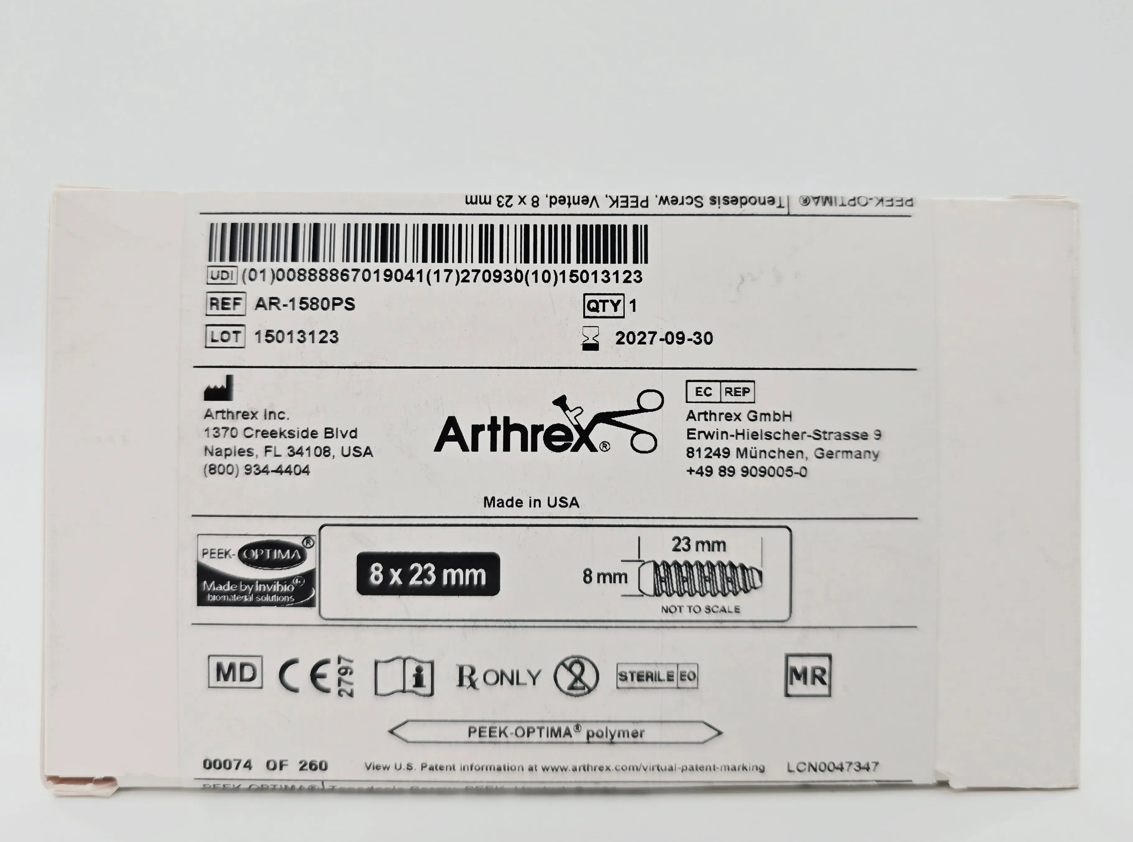 Arthrex AR-1580PS Tendonesis Screw, PEEK, Vented, 8 x 23mm - Image 2