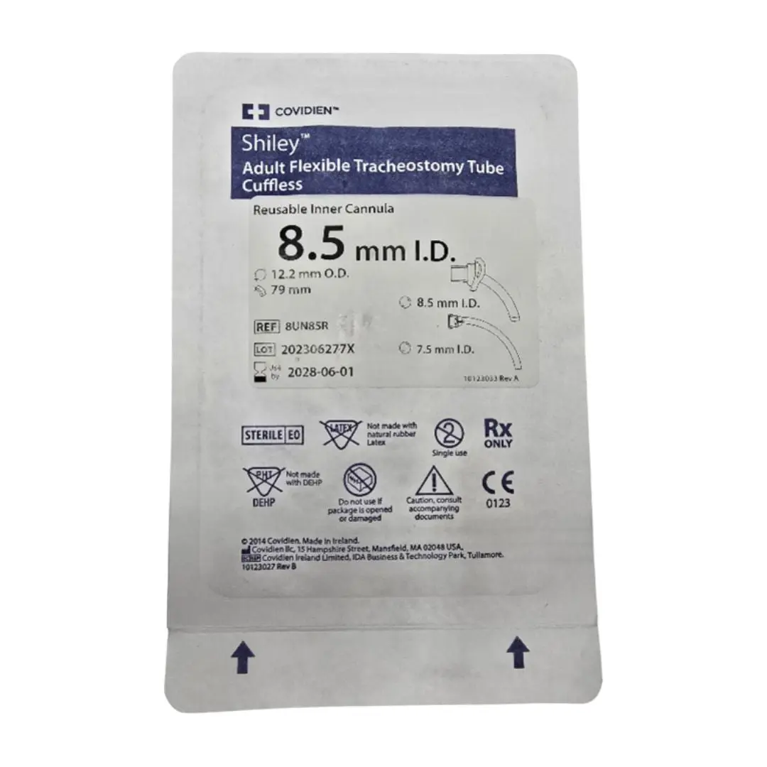Covidien 8UN85R Shiley 8.5mm ID Adult Flexible Tracheostomy Tube Cuffless