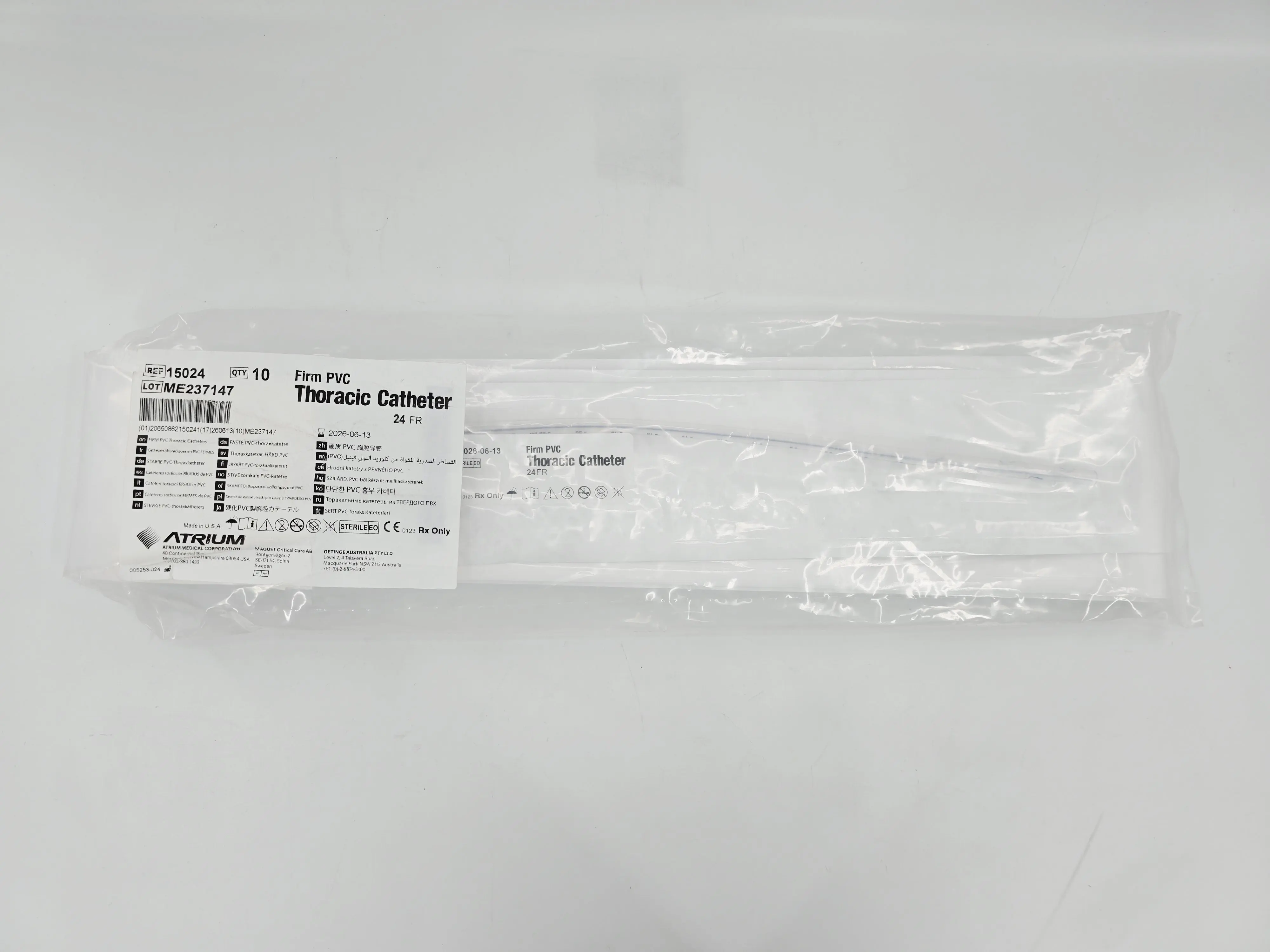 Atrium 15024 Straight Firm PVC Thoracic Catheter 24Fr. 10/PKG - Image 2