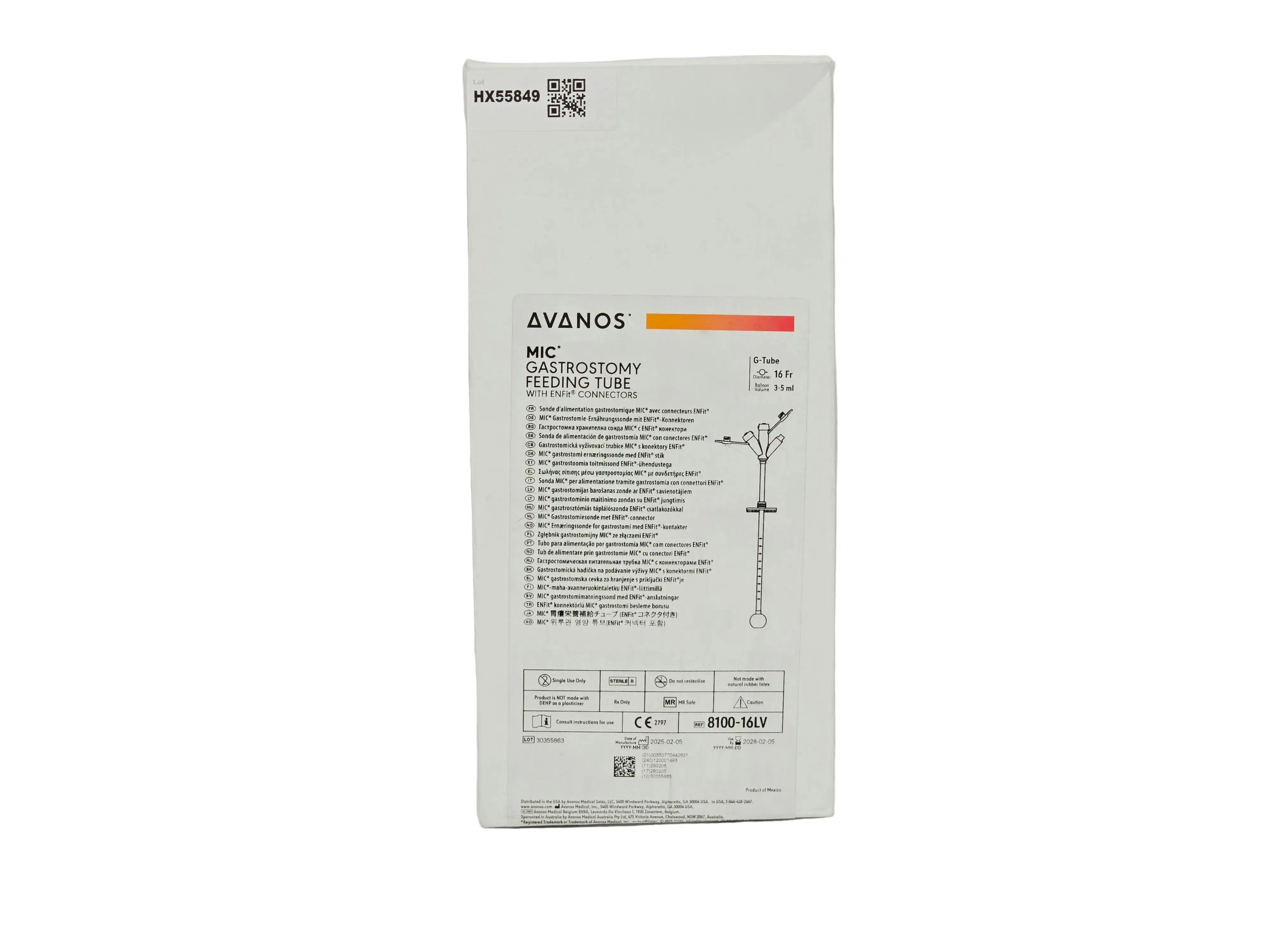 Avanos 44292 MIC Gastrostomy Feeding Tube with ENFit Connector 16Fr 8100-16LV – New
