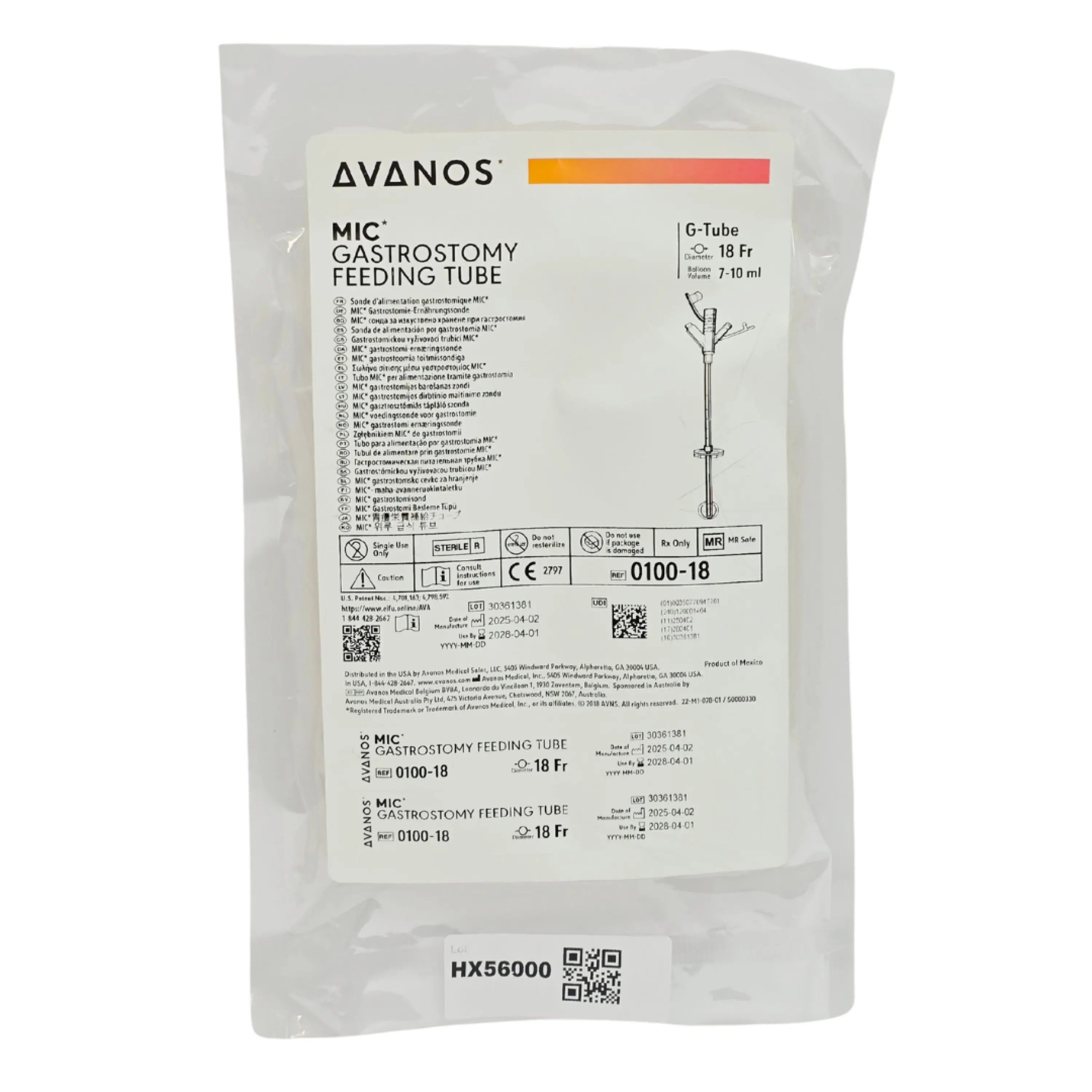 Avanos 94776 MIC Gastrostomy Feeding Tube 18Fr 7–10mL Balloon – New