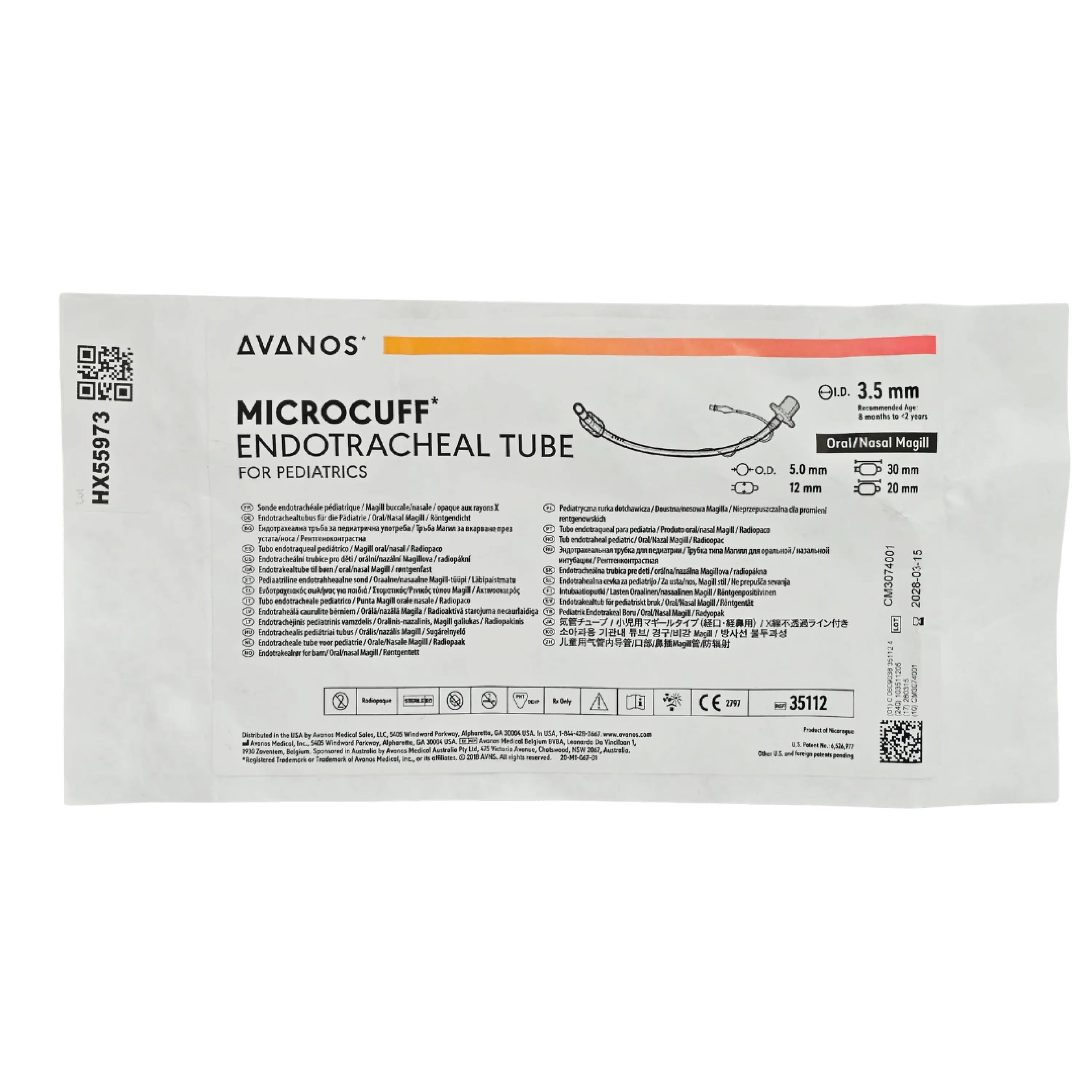 Avanos Medical 35112 Microcuff Oral/Nasal Pediatric Endotracheal Tube 3.5mm 10/BX – New