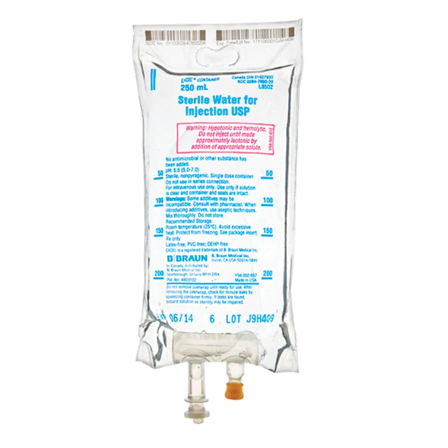 B BRAUN L8502 STERILE WATER INJECTIONS 250mL Sterile Water, EXCEL®, 24/cs (56 cs/plt)