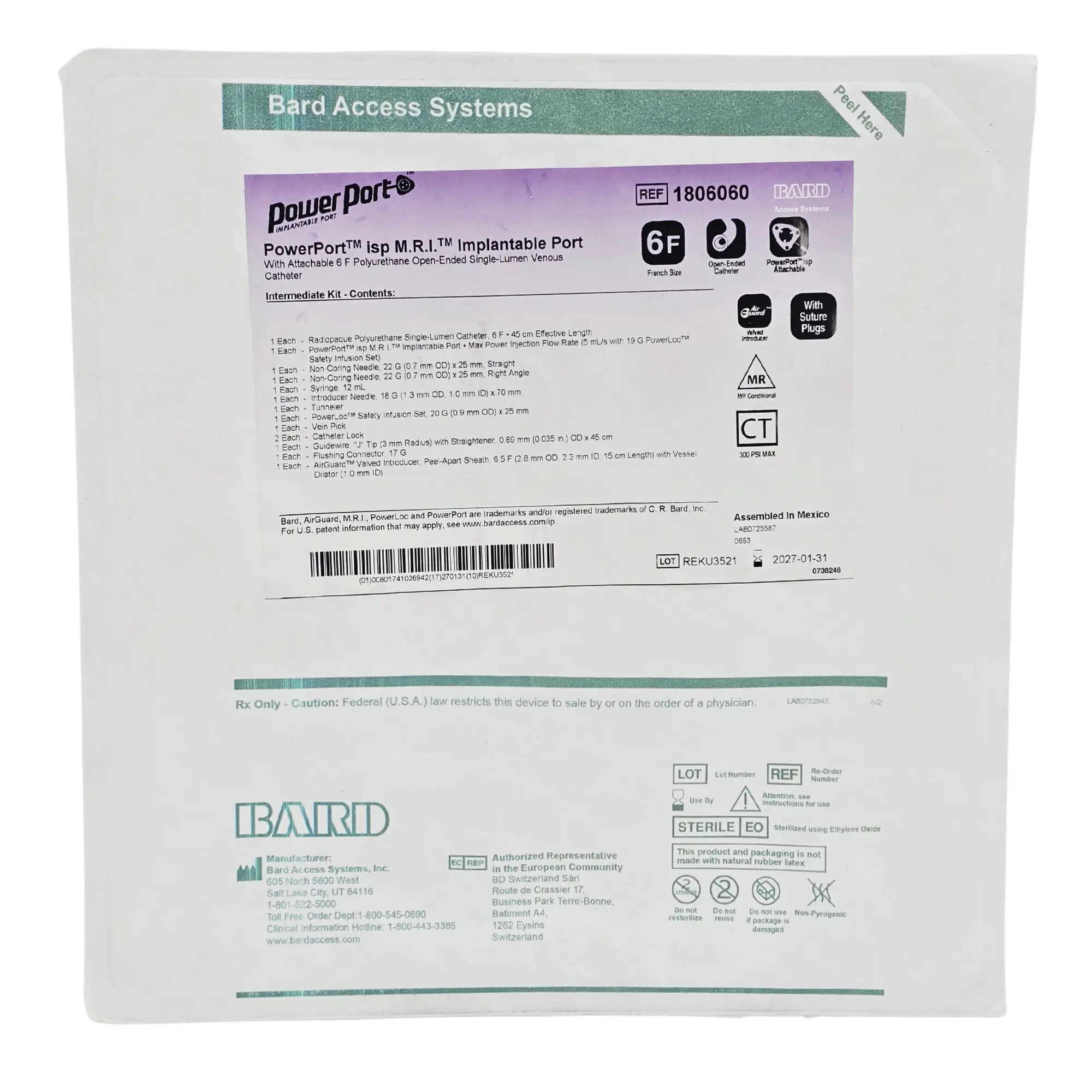Bard 1806060 PowerPort isp M.R.I. Implantable Port with Attachable 6Fr Polyurethane Catheter