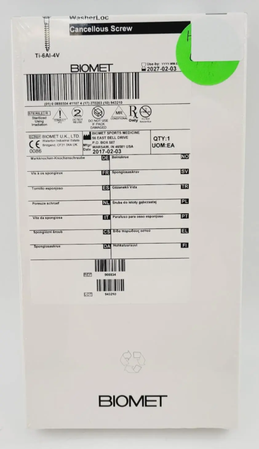 Biomet 908834 Ti-6AI-4V WasherLoc Cancellous Screw 6mm x 34mm - Image 2