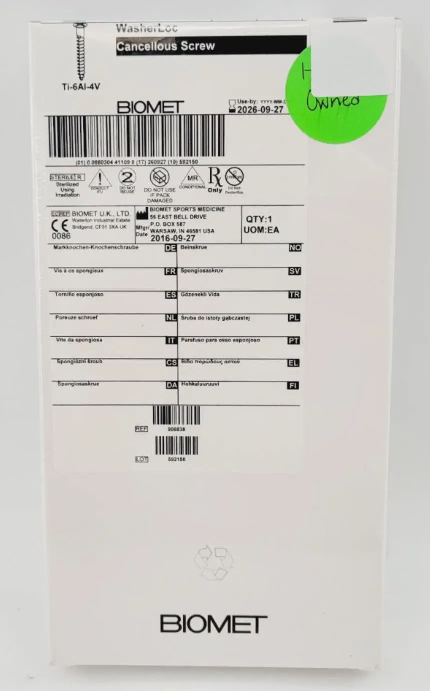 Biomet 908838 Ti-6AI-4V WasherLoc Cancellous Screw 6mm x 38mm - Image 2