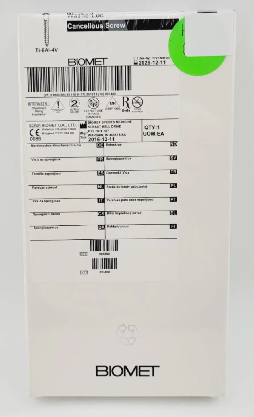 Biomet 908850 Ti-6AI-4V WasherLoc Cancellous Screw 6mm x 50mm - Image 2