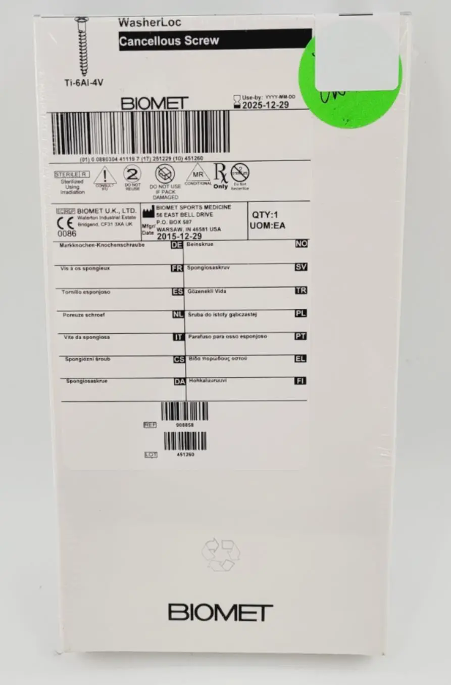 Biomet 908858 Ti-6Al-4V WasherLoc Cancellous Screw 6mm x 58mm - Image 2