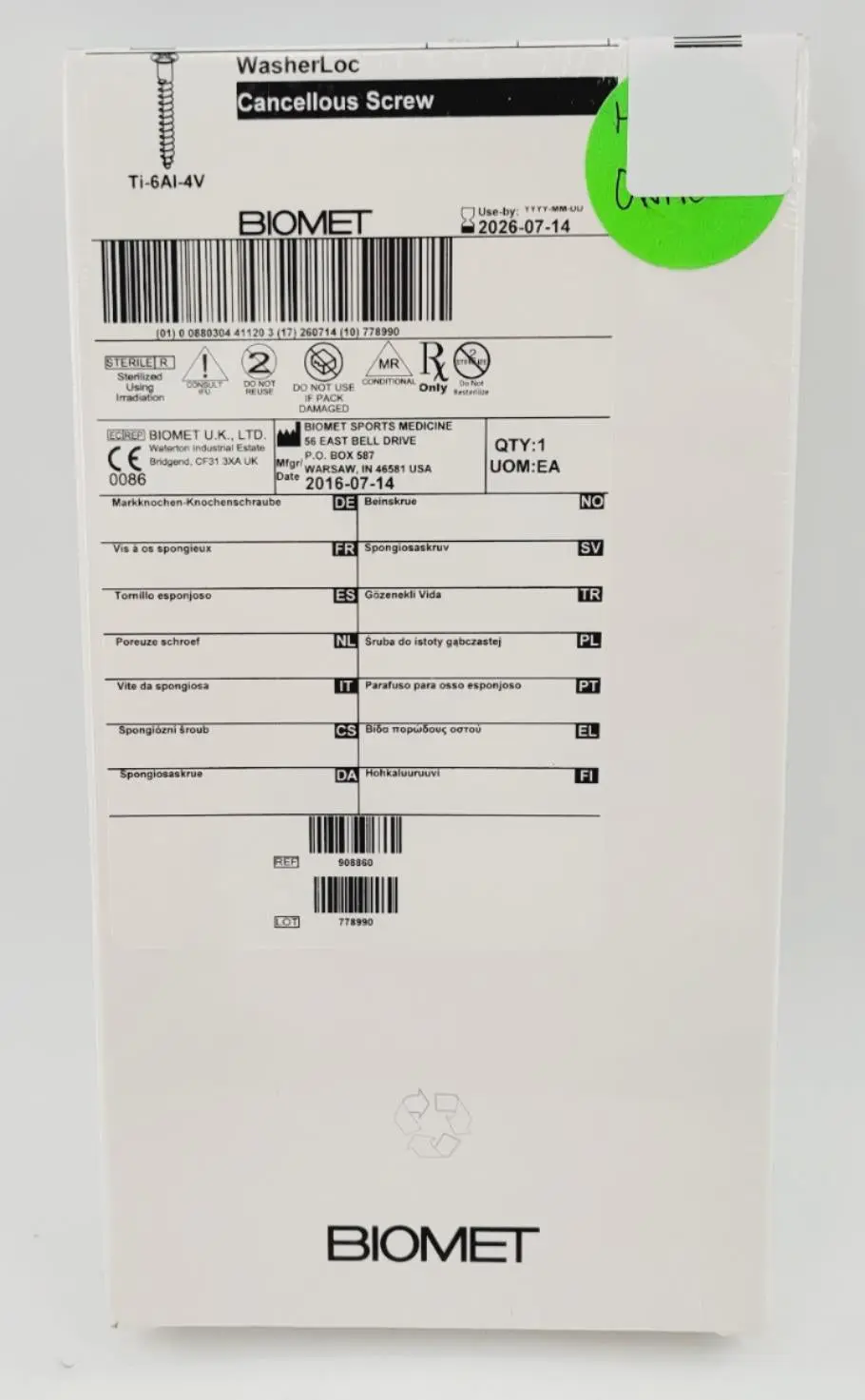 Biomet 908860 Ti-6AI-4V WasherLoc Cancellous Screw 6mm x 60mm - Image 2