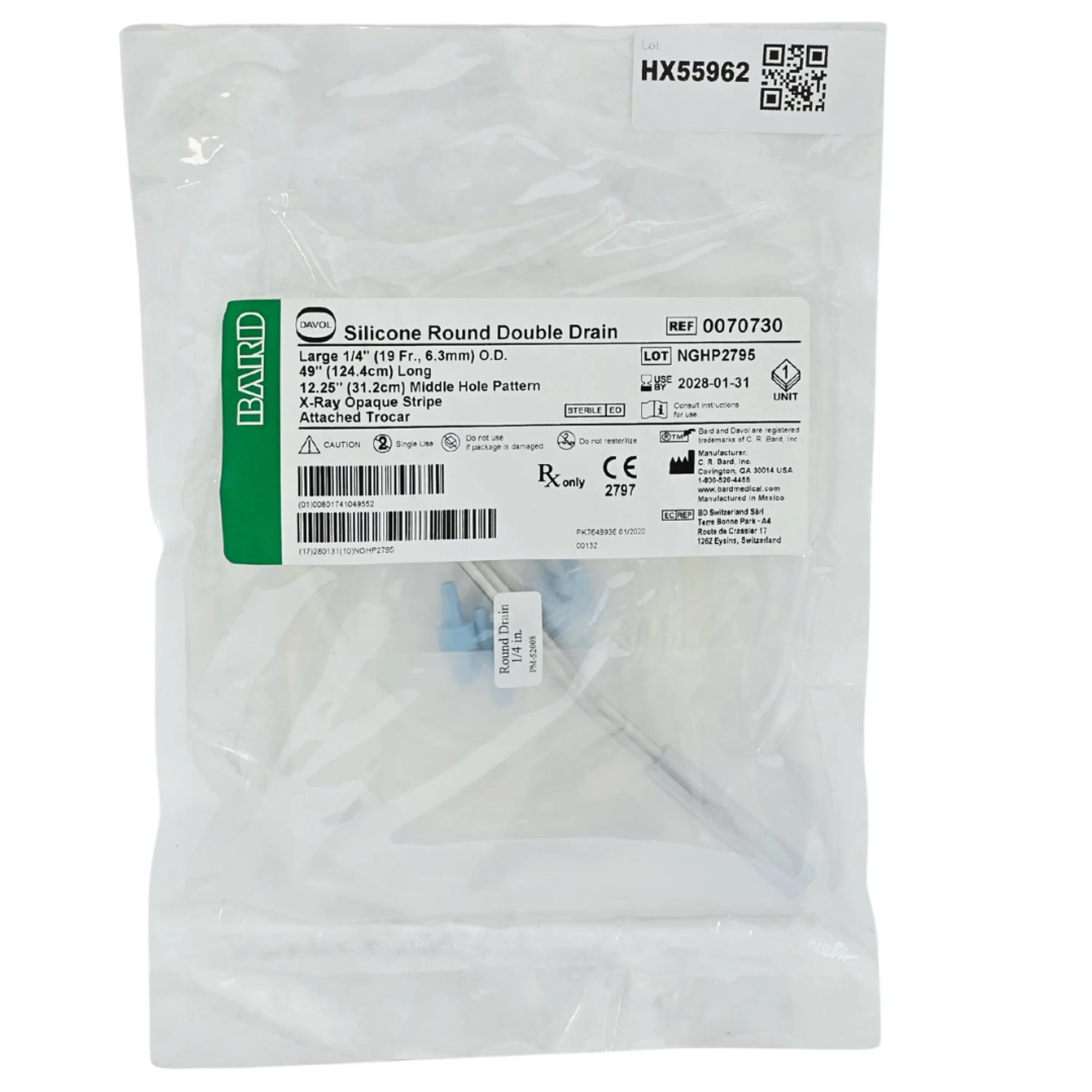 C.R. Bard 0070730 Silicone Round Double Closed Wound Drain with Trocar 1/4" 49" 1/EA – New