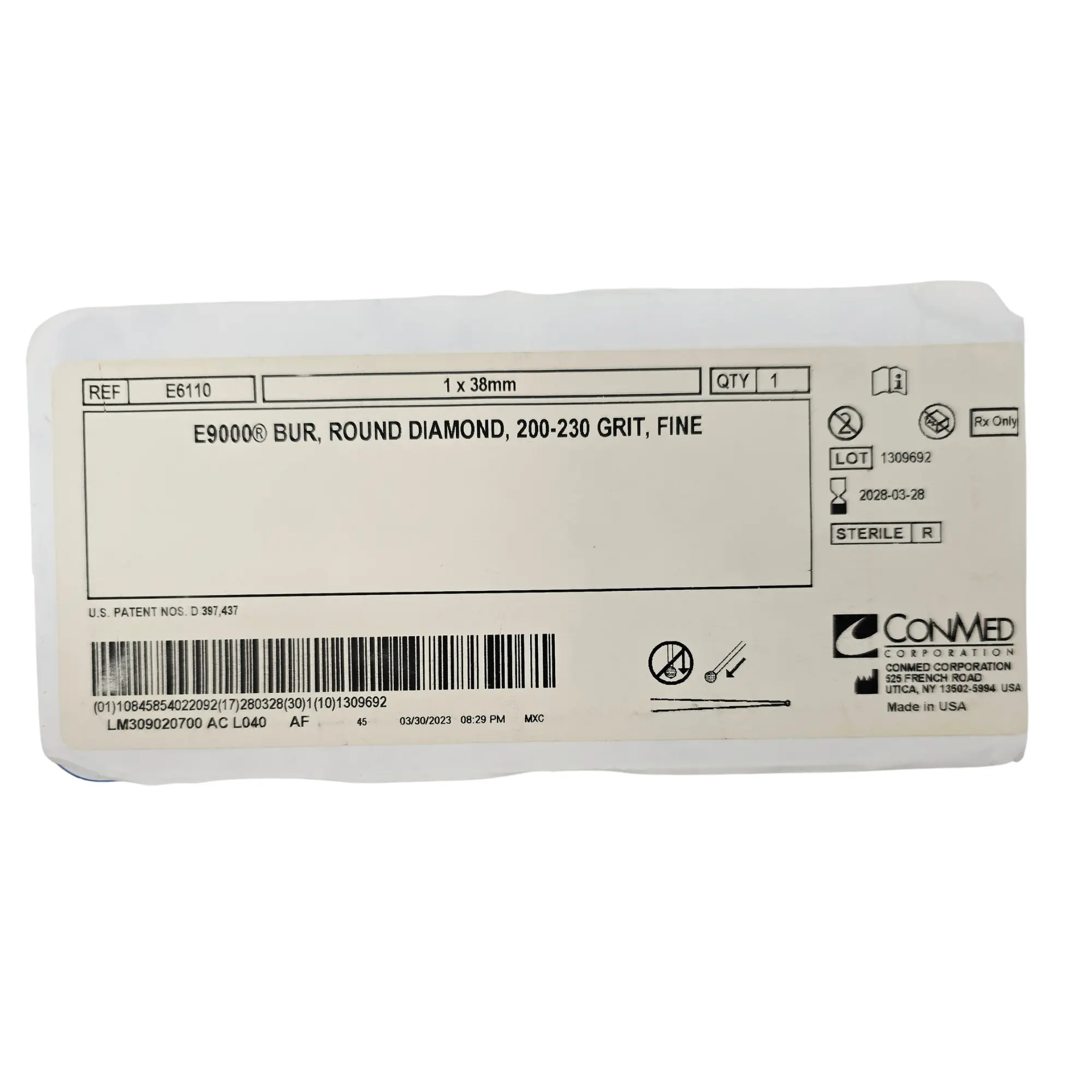 ConMed Linvatec E6110 E9000 Fine Round Diamond Bur 1.0mm x 38mm - Image 2