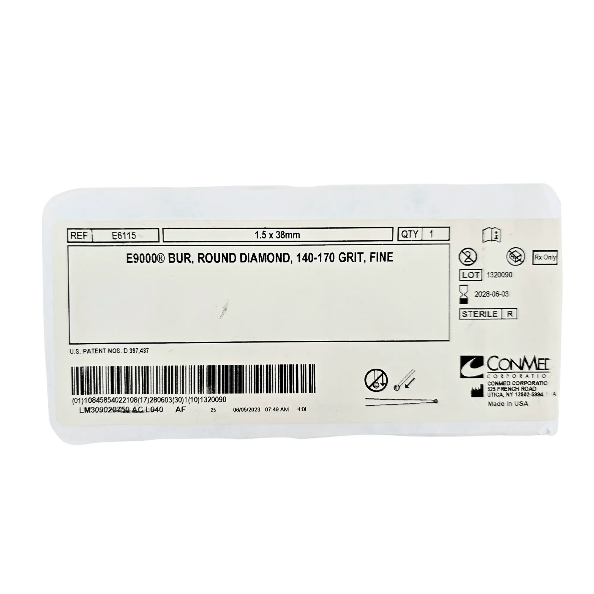 ConMed Linvatec E6115 E9000 Fine Round Diamond Bur 1.5mm x 38mm - Image 2
