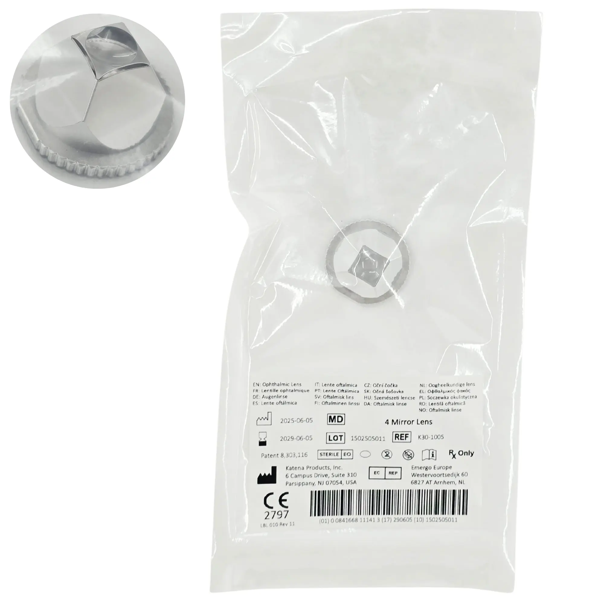 Corza Medical k301005 SensorTek -Ophthalmic Diagnostic Gonio Lens- 4-Mirror