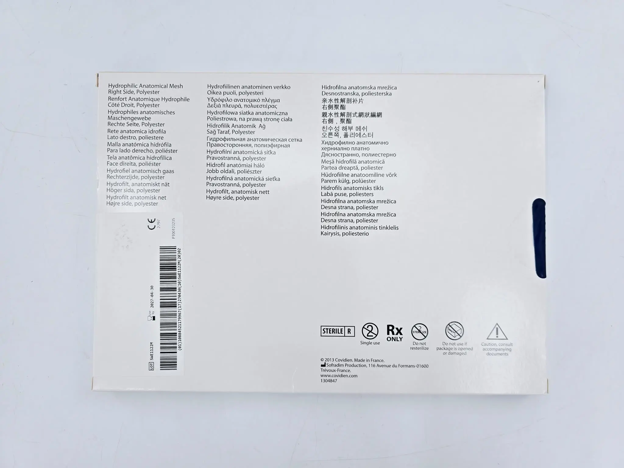 Covidien TECT1612AR Parietex Hydrophilic Anatomical Mesh Right Side Polyester 16cmx12cm - Image 3