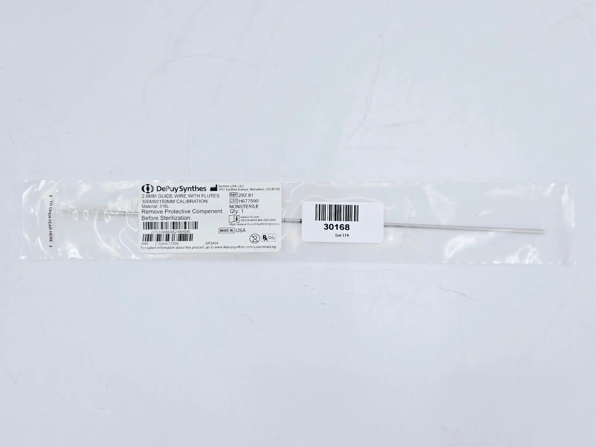 DePuy Synthes 292.81 2.8mm Guide Wire w/ Flutes 300mm/150mm Calibration - Image 2
