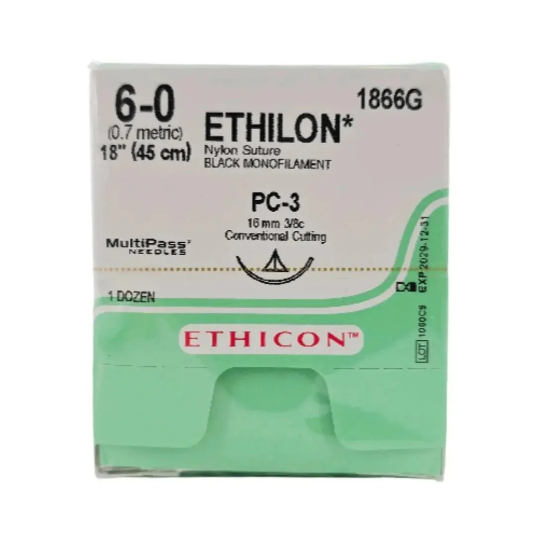 Ethicon 1866G ETHILON 6-0 Black 1X18" PC-3 16mm MultiPass Needles BX/12