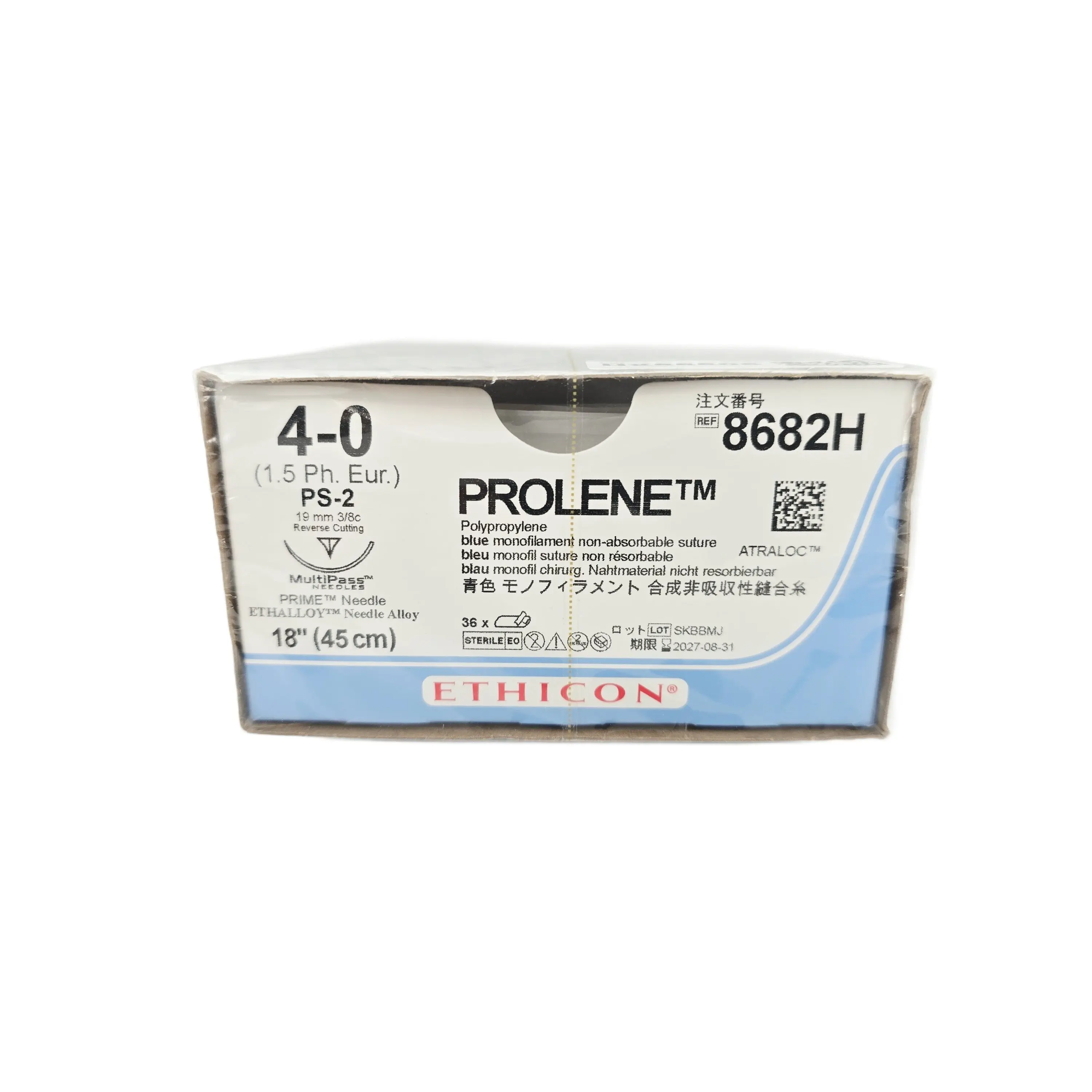 Ethicon 8682H PROLENE Blue Monofilament Non-Absorbable Suture Size 4-0 with PS-2 Needle – Box of 36