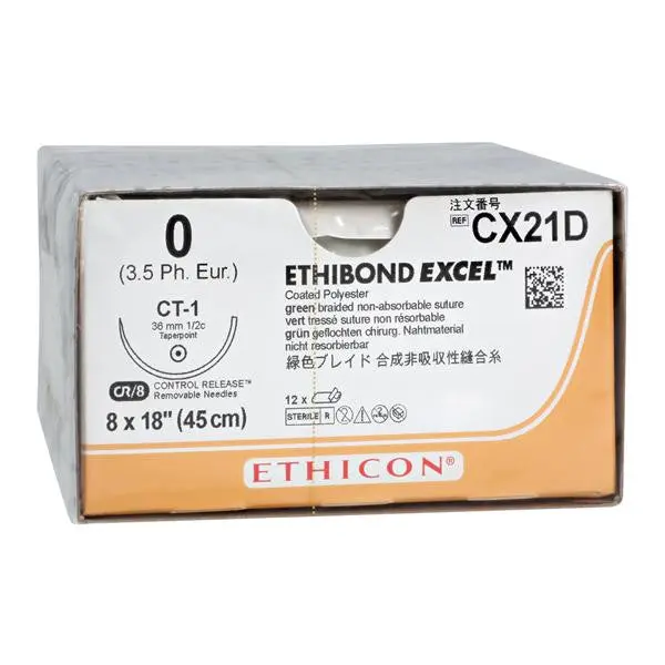 Ethicon Ethibond Excel CX21D Suture - Size 0, 8 x 18" Green Braided Polyester, CT-1 Taper Control Release Needle (Box of 12)