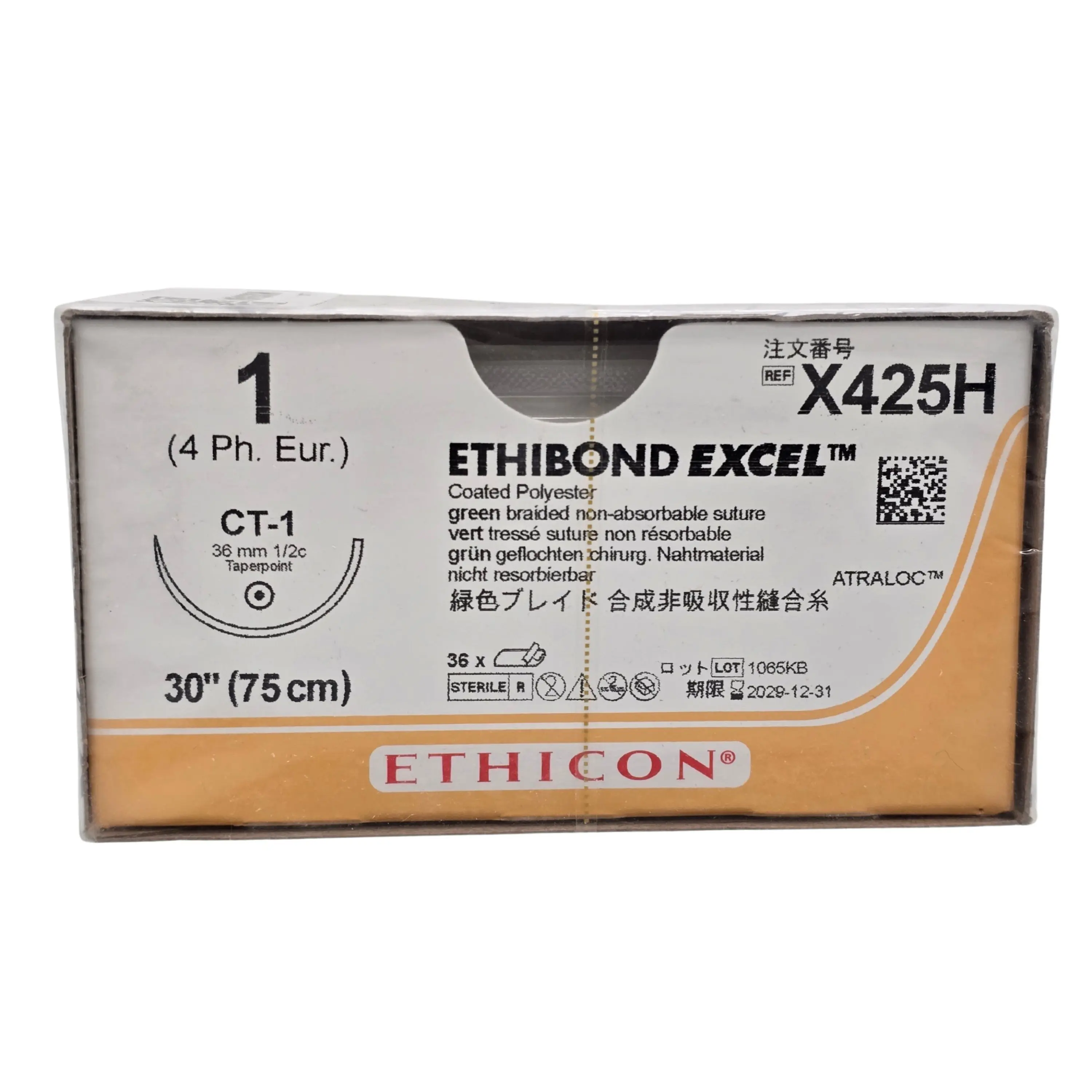 Ethicon X425H ETHIBOND EXCEL Green Braided Non-Absorbable Suture Size 1 with CT-1 Needle – Box of 36