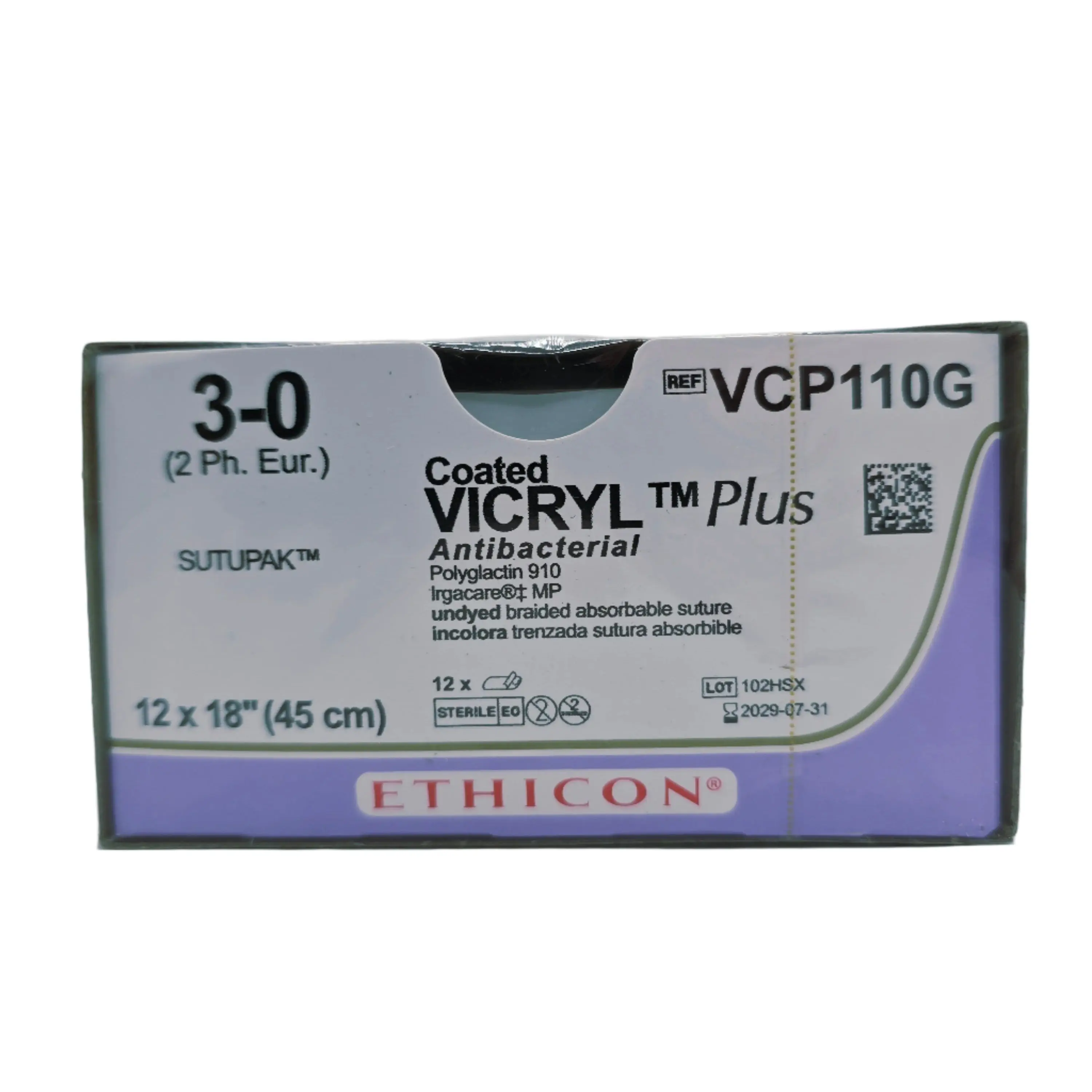 Ethicon VCP110G 3-0 Coated VICRYL Plus 12X18" SUTUPAK BX/12
