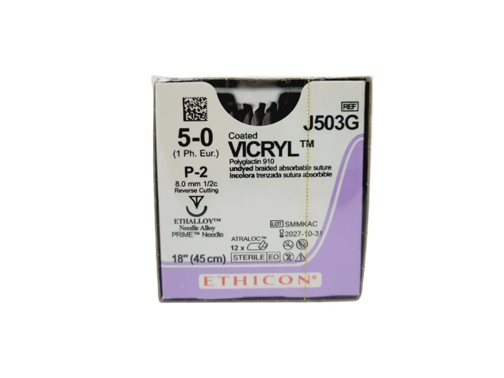 Ethicon J503G 5-0 COATED VICRYL UNDYED 1X18" P-2 Box of 12
