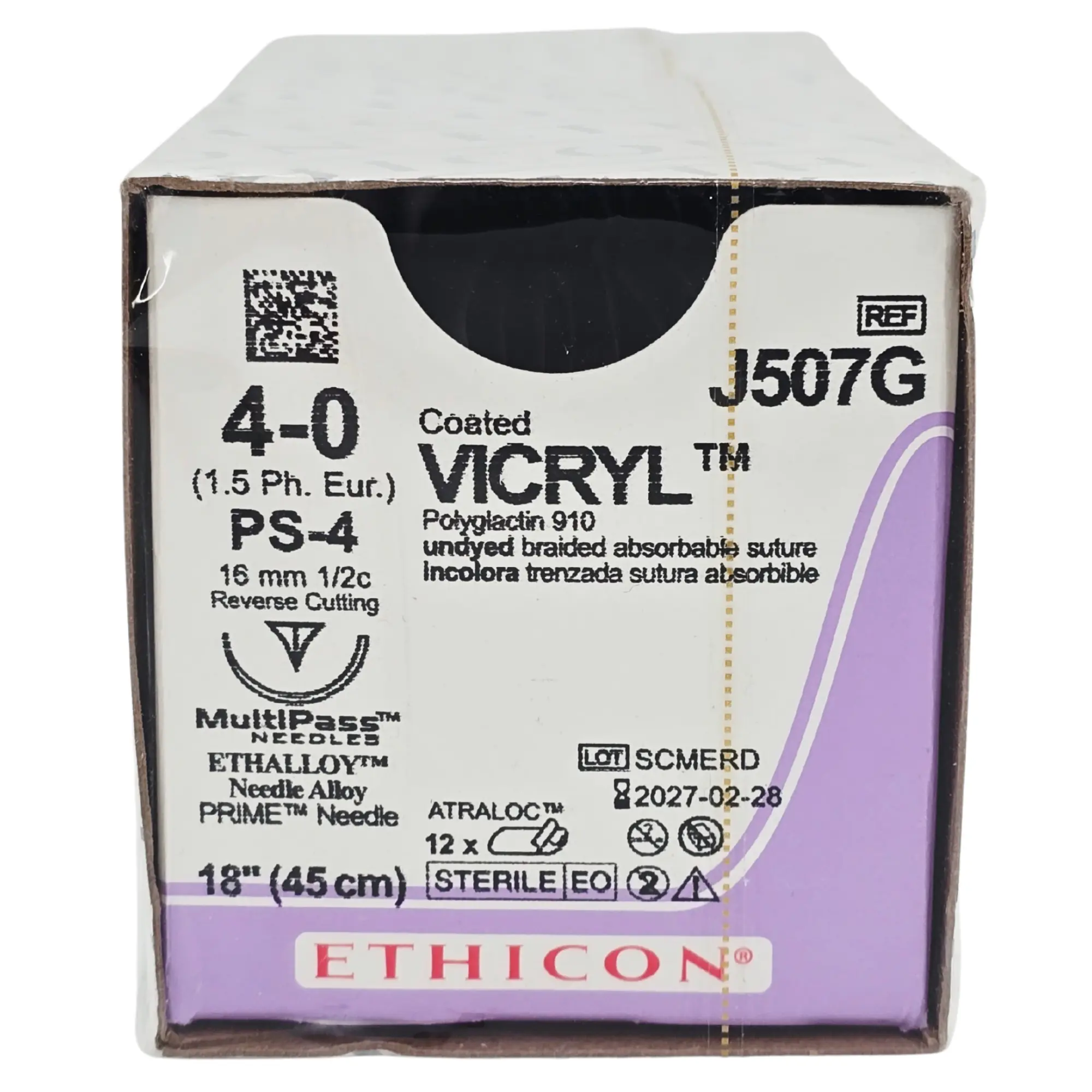 Ethicon J507G Coated Vicryl Suture - 4-0 Undyed Braided, 18" with PS-4 Reverse Cutting Needle