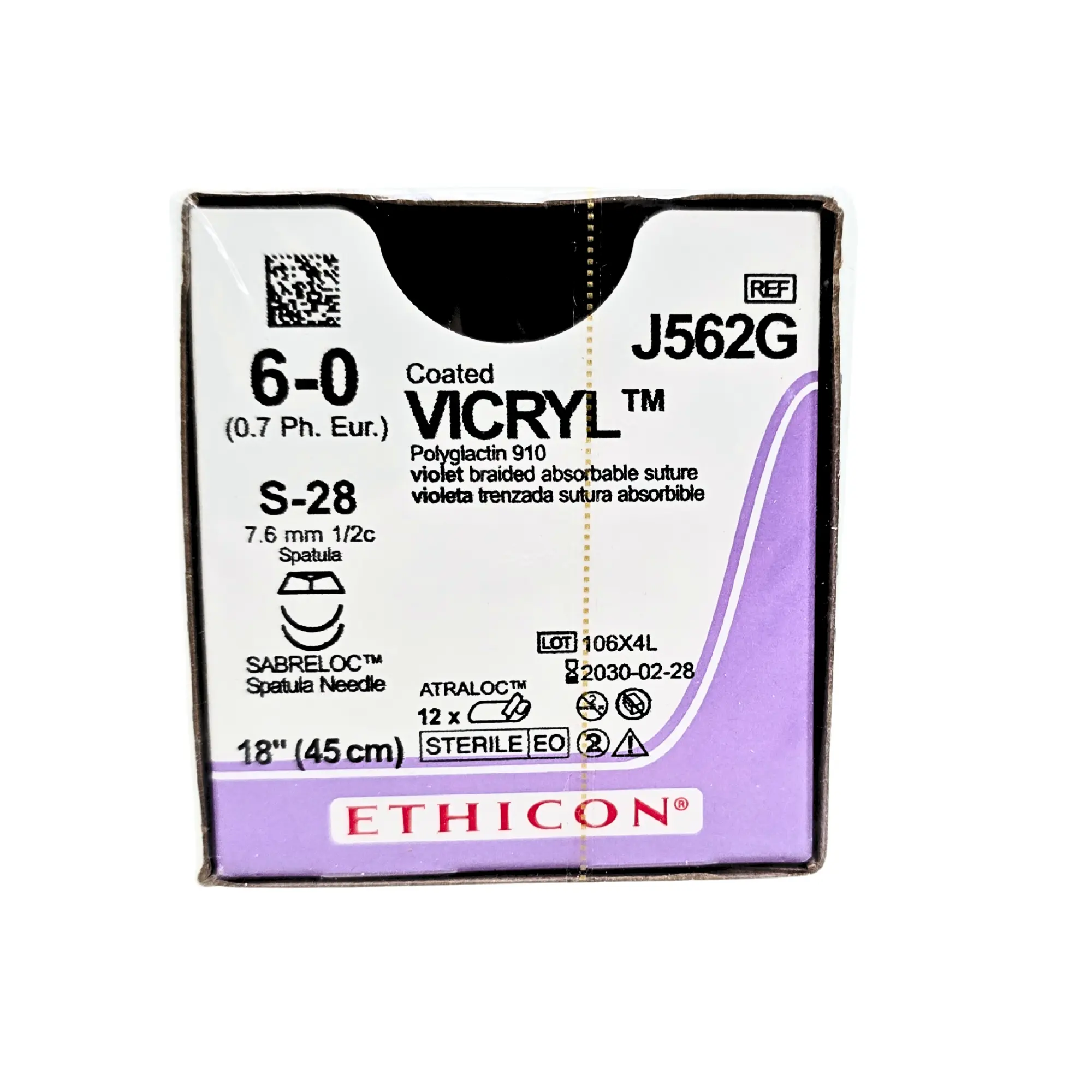 Ethicon J562G Coated VICRYL Violet Braided Absorbable Suture Size 6-0 with S-14 Spatula Needles – Box of 12