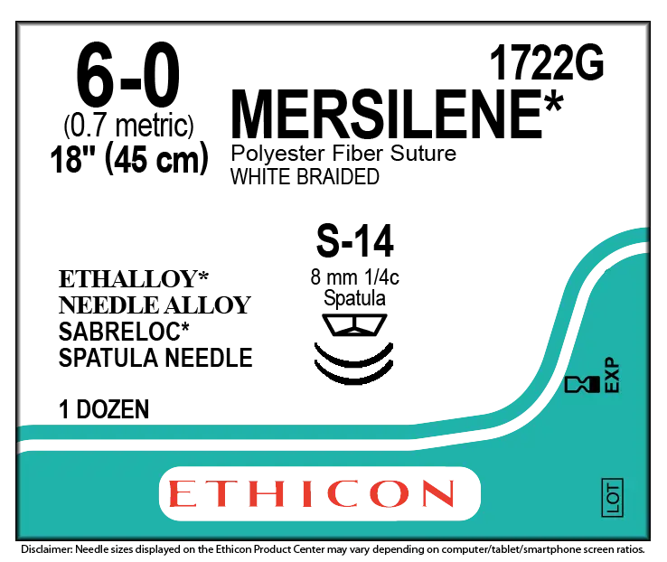 Ethicon Mersilene 1722G Suture - Size 6-0, White Braided Polyester, S-14 Needle (Box of 12)