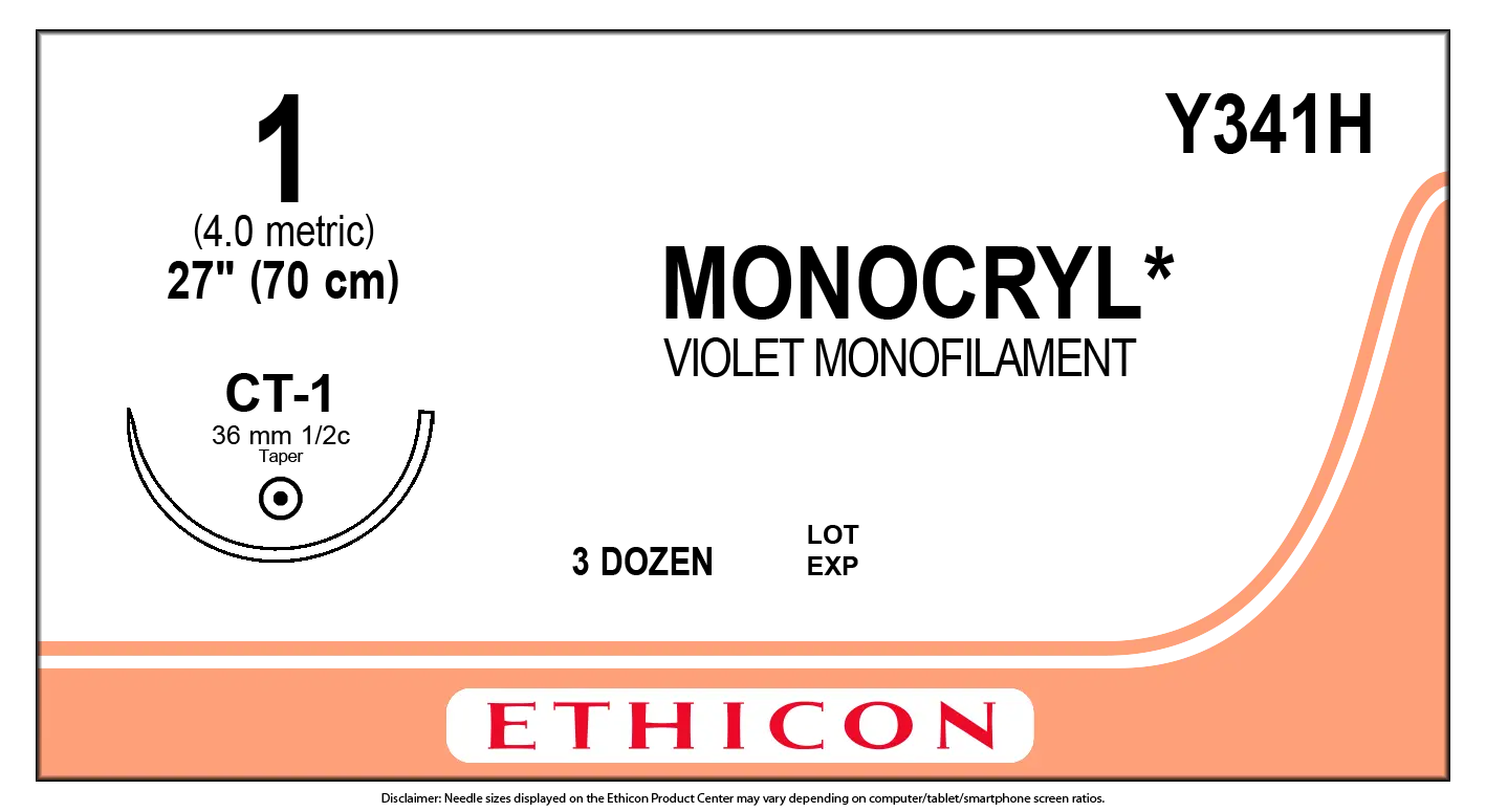Ethicon Monocryl Y341H  Size 1 Suture - Violet Monofilament Poliglecaprone 25, Absorbable (Box of 36)