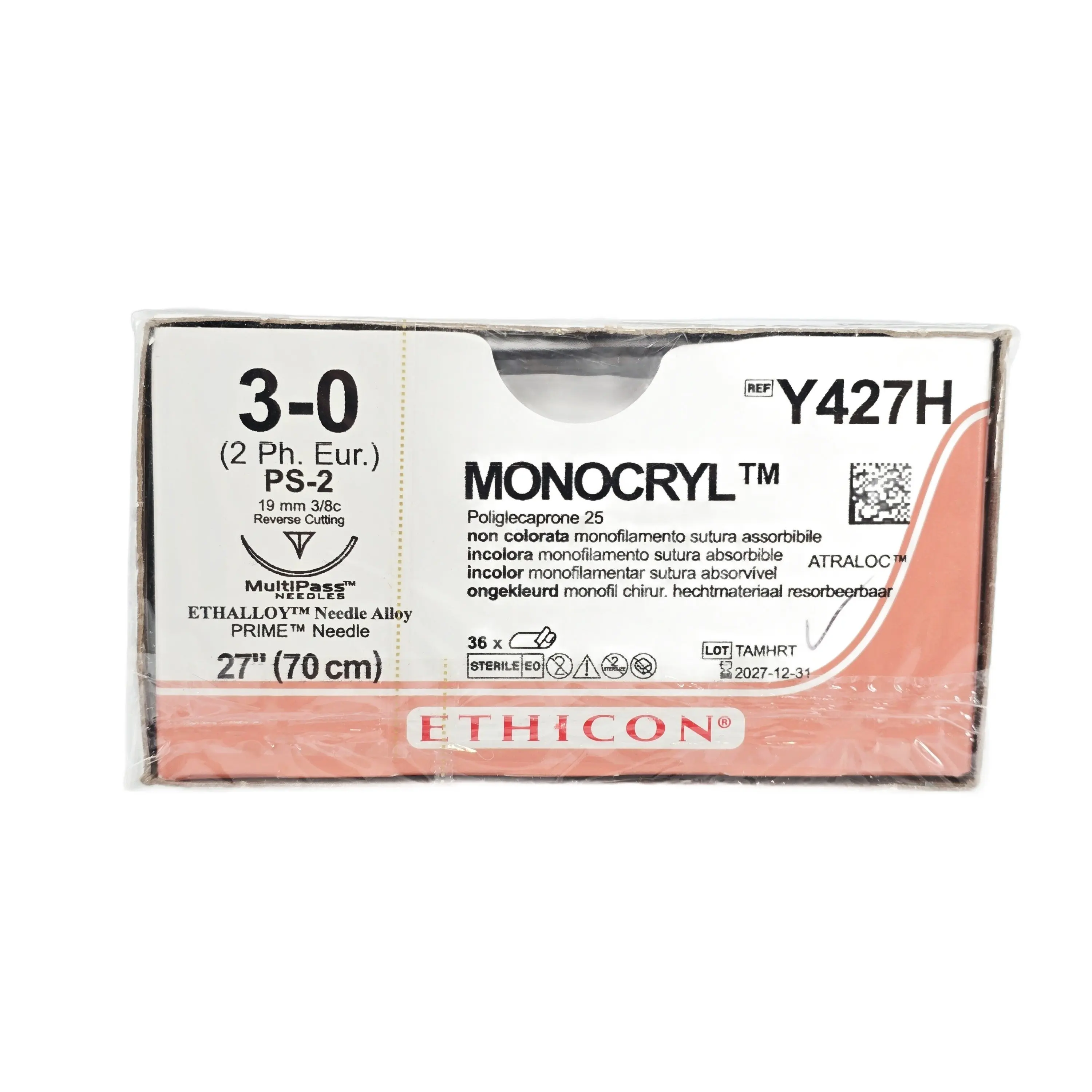 Ethicon Y427H MONOCRYL Undyed Monofilament Absorbable Suture Size 3-0 with PS-2 Needle – Box of 36