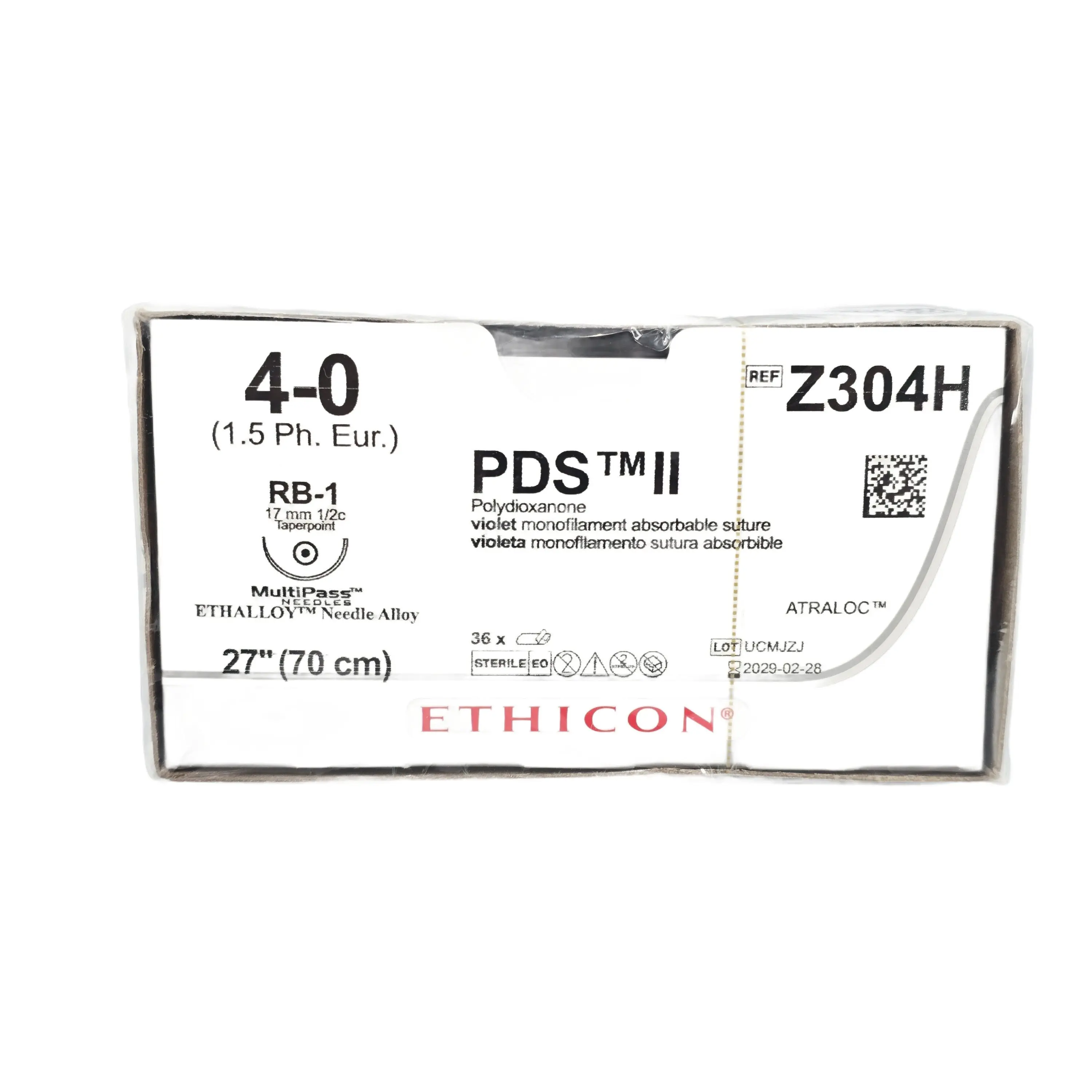 Ethicon Z304H PDS II Violet Monofilament Absorbable Suture Size 4-0 with RB-1 Needle – Box of 36