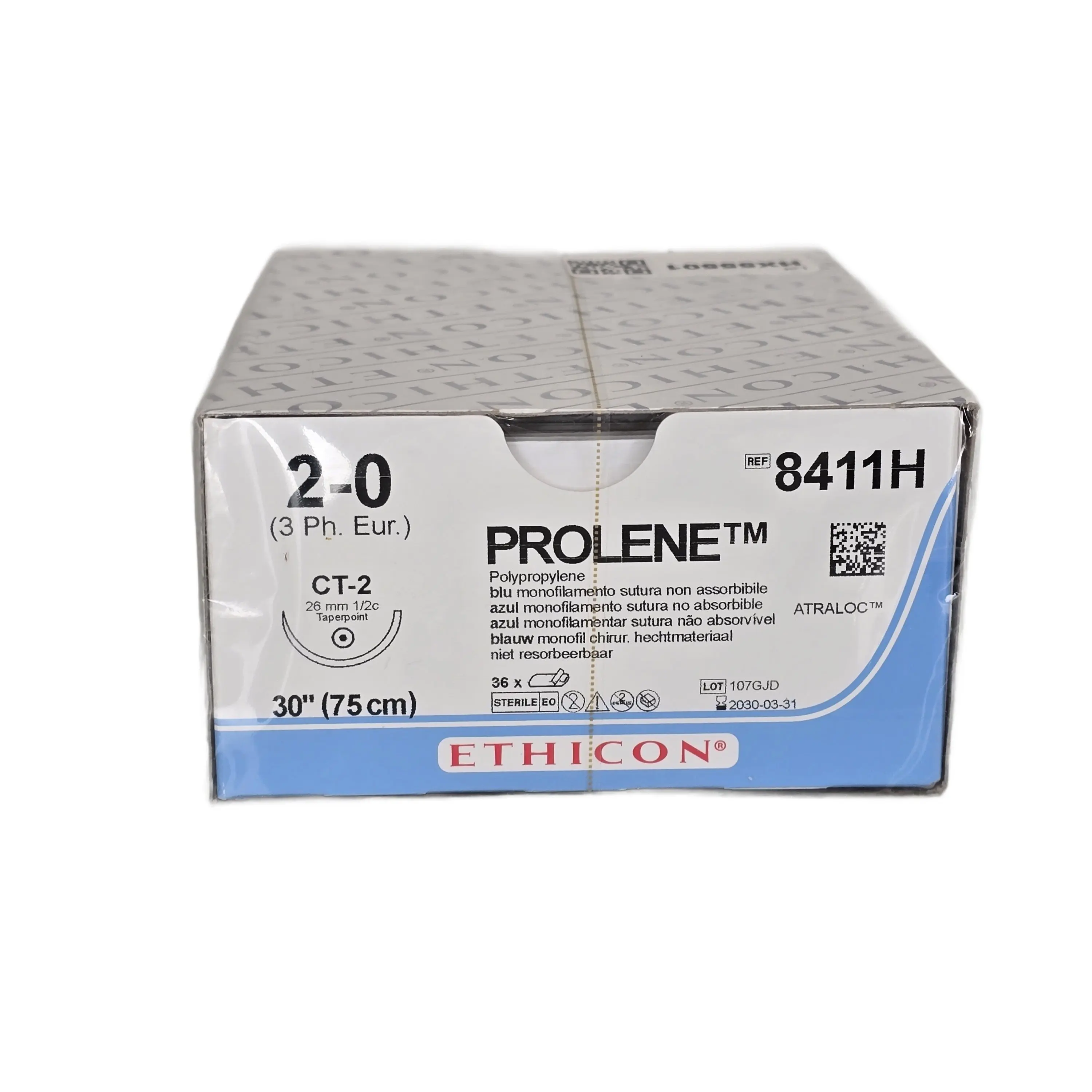 Ethicon 8411H PROLENE Blue Monofilament Non-Absorbable Suture 2-0 with CT-2 Needle – Box of 36