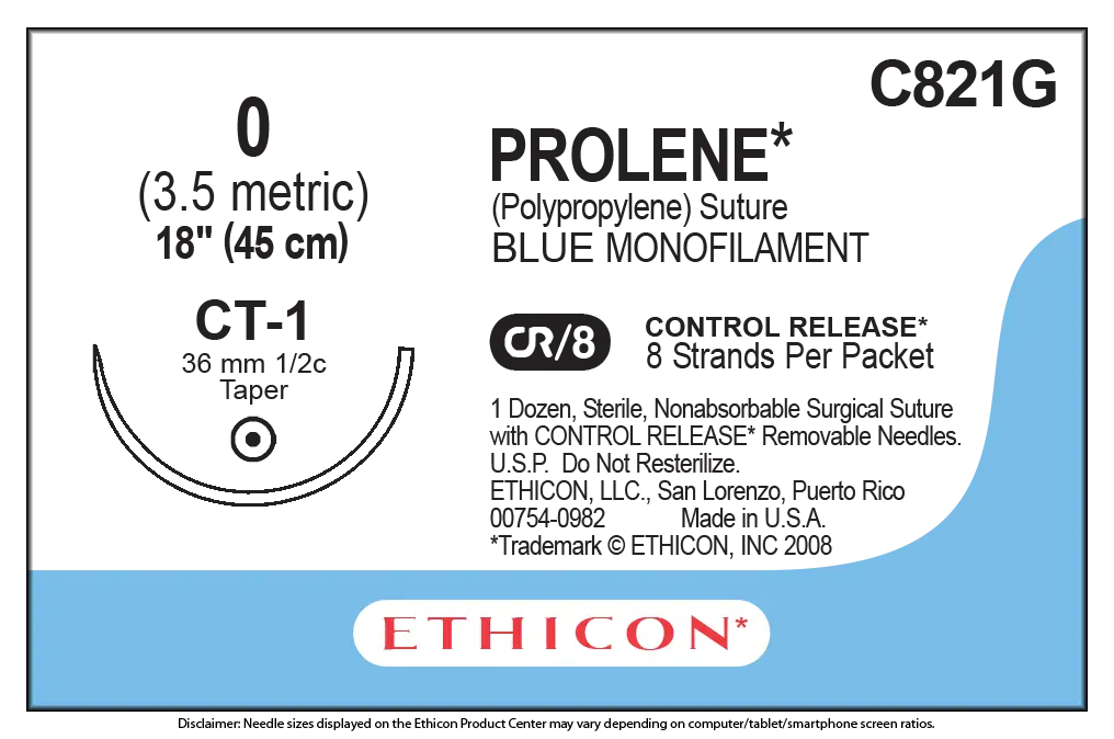 Ethicon Prolene C821G Size 0 Suture - Blue Monofilament Polypropylene, Nonabsorbable (Box of 12)