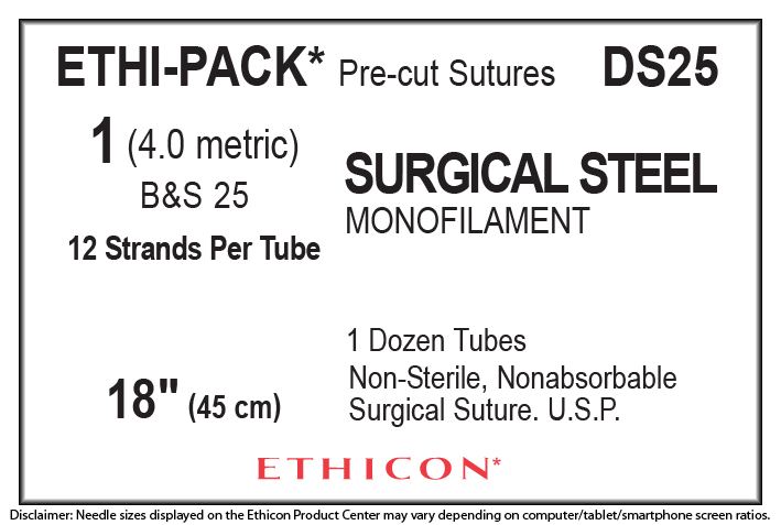 Ethicon Stainless Steel DS25 Suture - Stainless Steel, Nonabsorbable