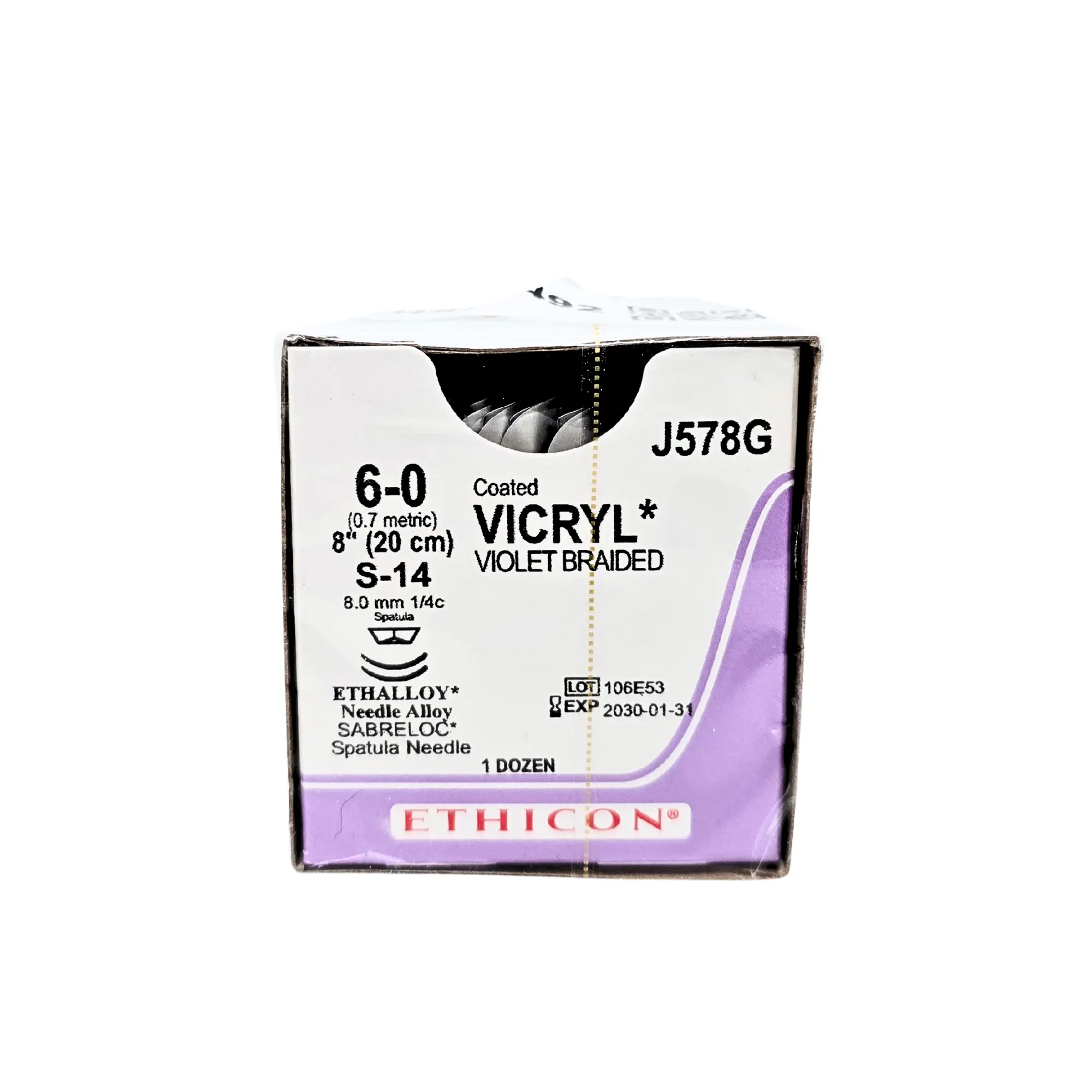 Ethicon J578G Coated VICRYL Violet Braided Absorbable Suture Size 6-0 with S-24 Spatula Needles – Box of 12