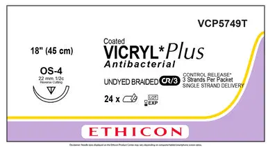 Ethicon Vicryl VCP5749T Suture - Undyed Braided Polyglactin 910, OS-4 Needle (Box of 12)