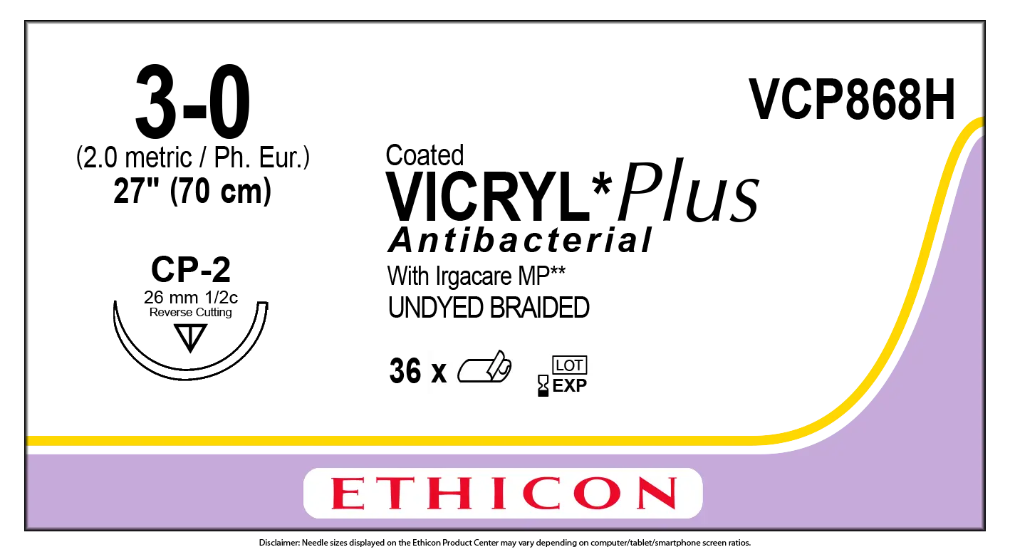 Ethicon Vicryl VCP868H Suture - Size 3-0, 27", Undyed Braided Polyglactin 910 (Box of 36)