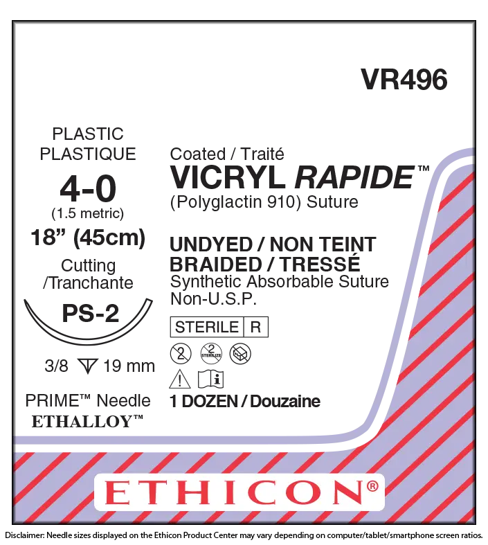 Ethicon Vicryl VR496 Suture - Size 4-0, 18", Undyed Braided Polyglactin 910, PS-2 Needle (Box of 12)