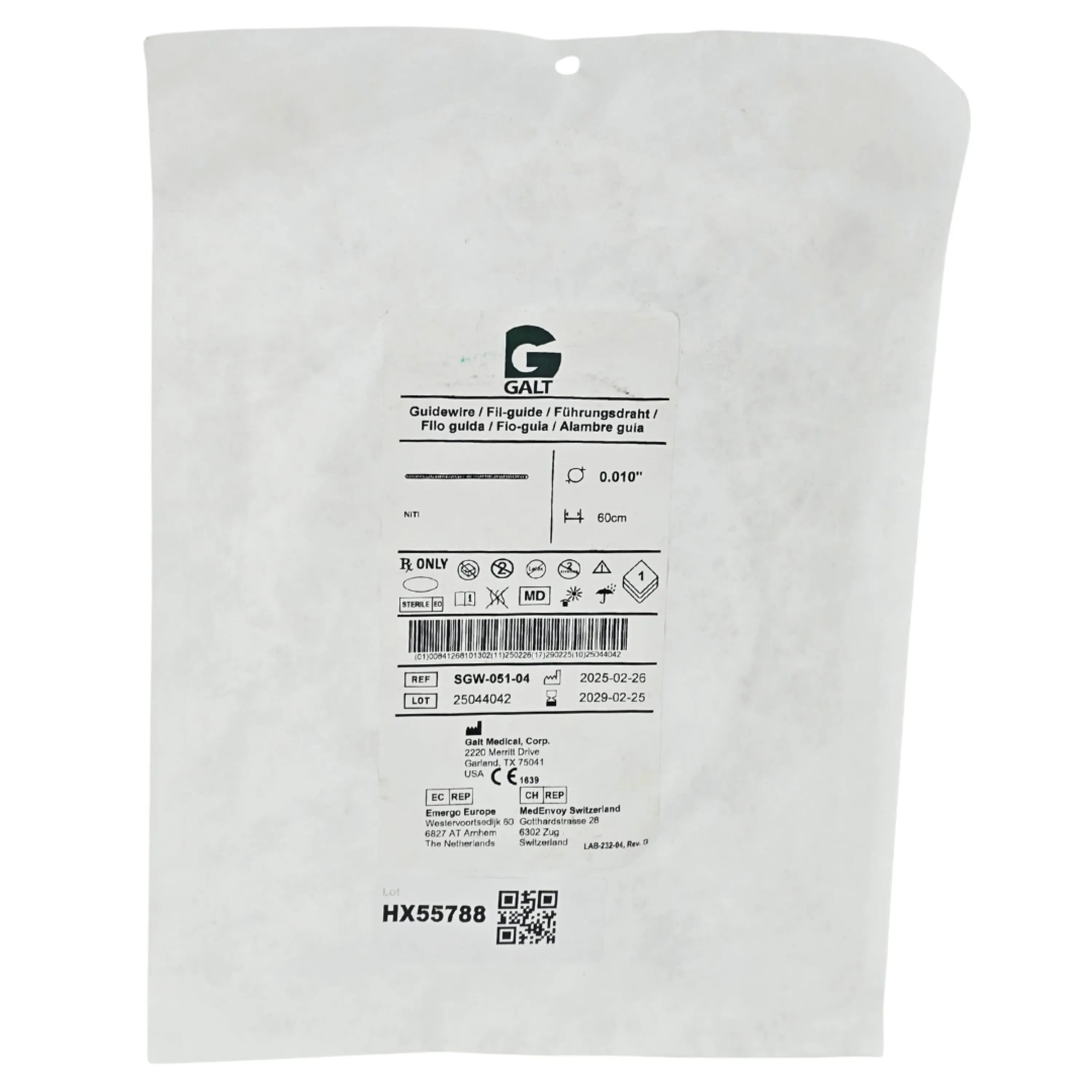 Galt Medical SGW-051-04 Specialty Guidewire 0.010" x 60cm Peripheral Vascular Guidewire – New