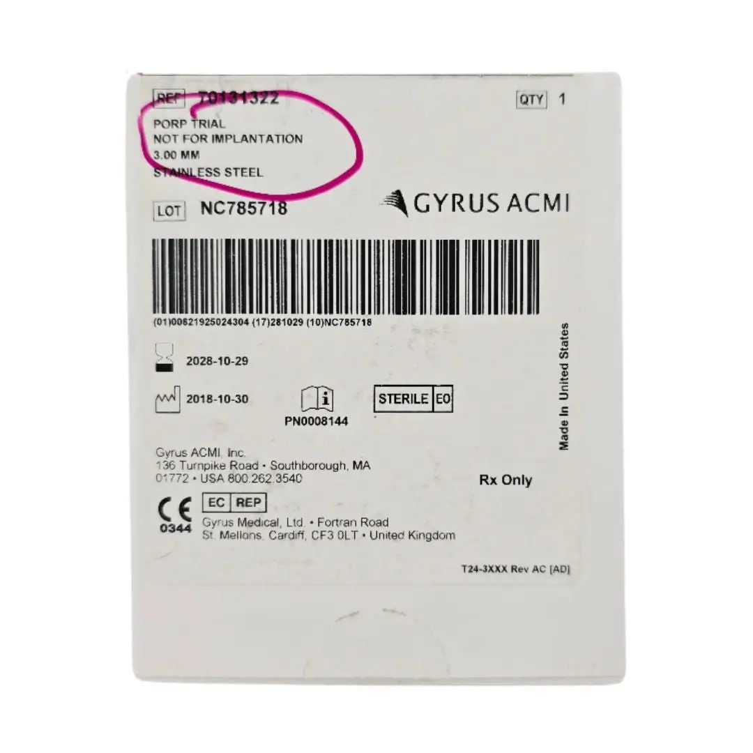 Gyrus ACMI 70131322 Prop Trial 3.0mm Stainless Steel Trial (Not for Implantation) 1/EA