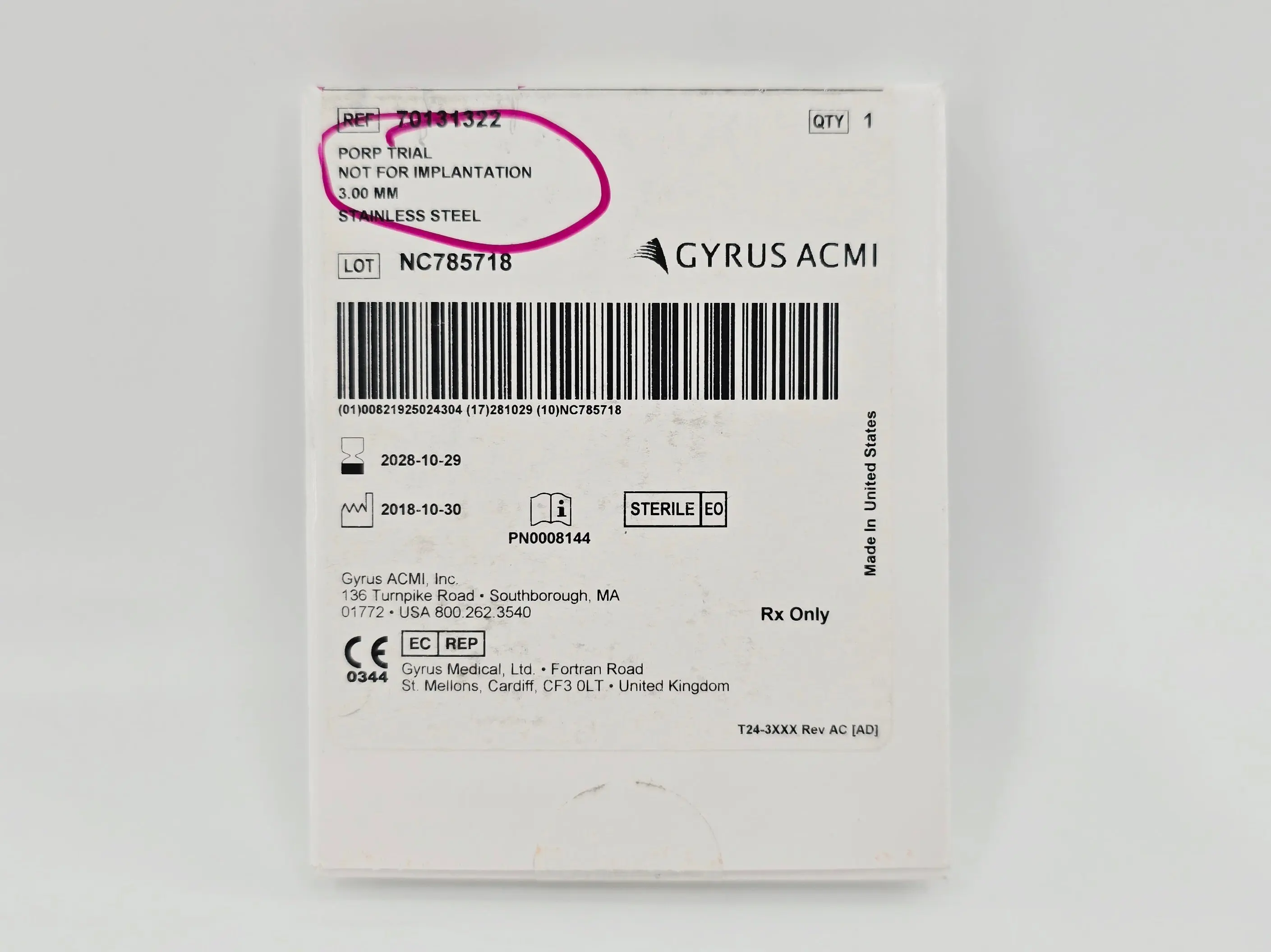 Gyrus ACMI 70131322 Prop Trial 3.0mm Stainless Steel Trial (Not for Implantation) 1/EA - Image 2
