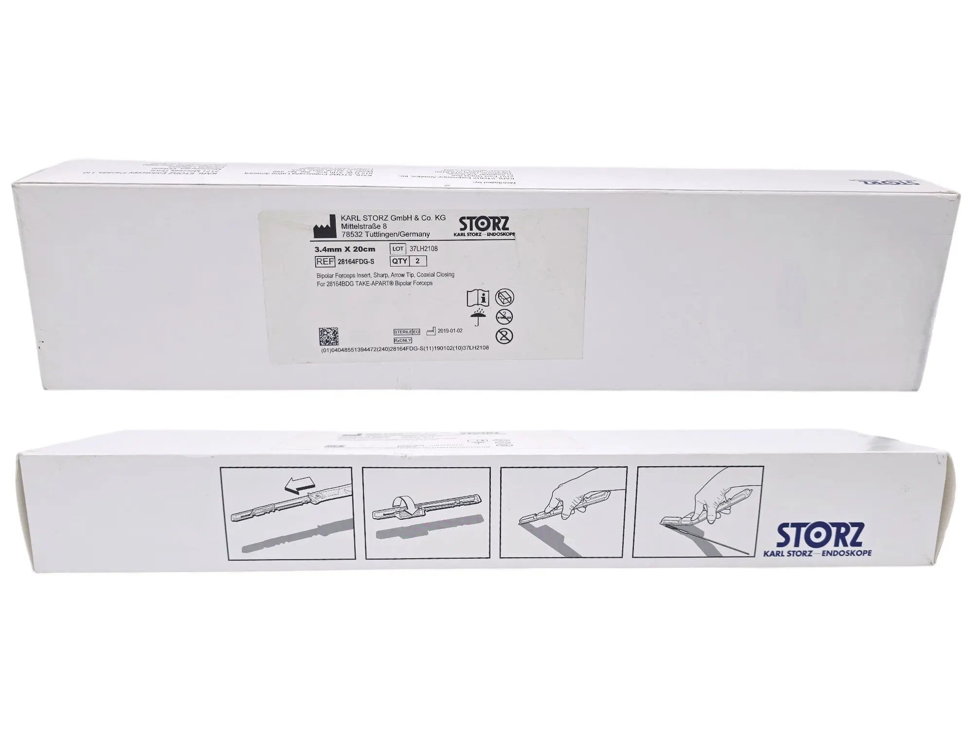Karl Storz 28164FDG-S Bipolar Forceps Insert Sterile Sharp Arrow Tip 3.4mm × 20cm BX/2