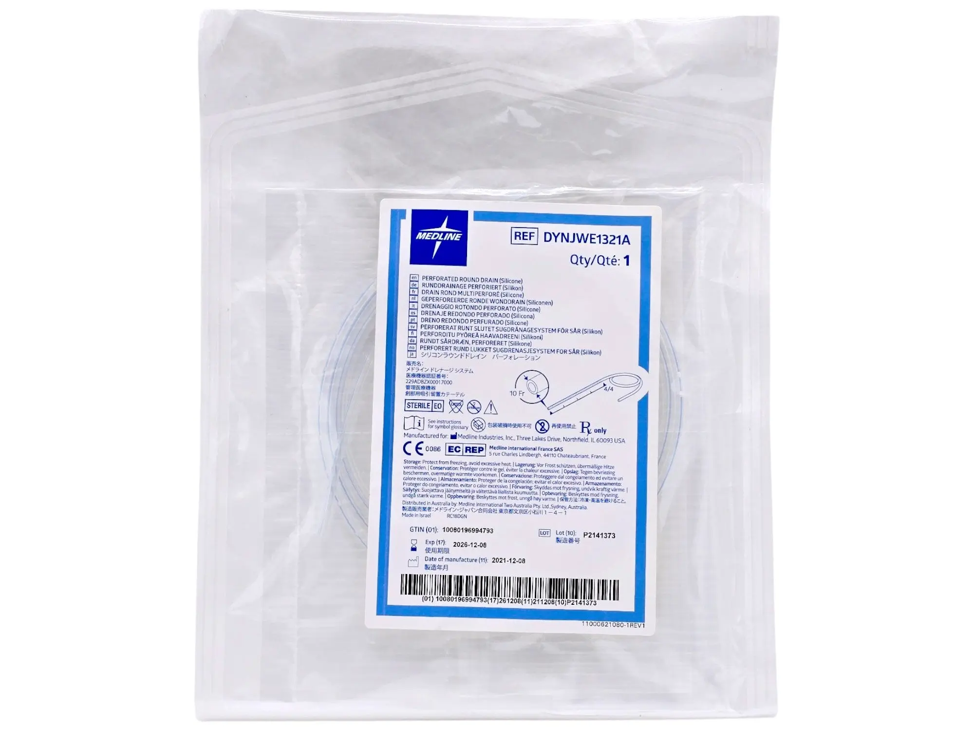 Medline DYNJWE1321A Perforated Round Silicone Surgical Drain, Sterile Single Use 1/EA